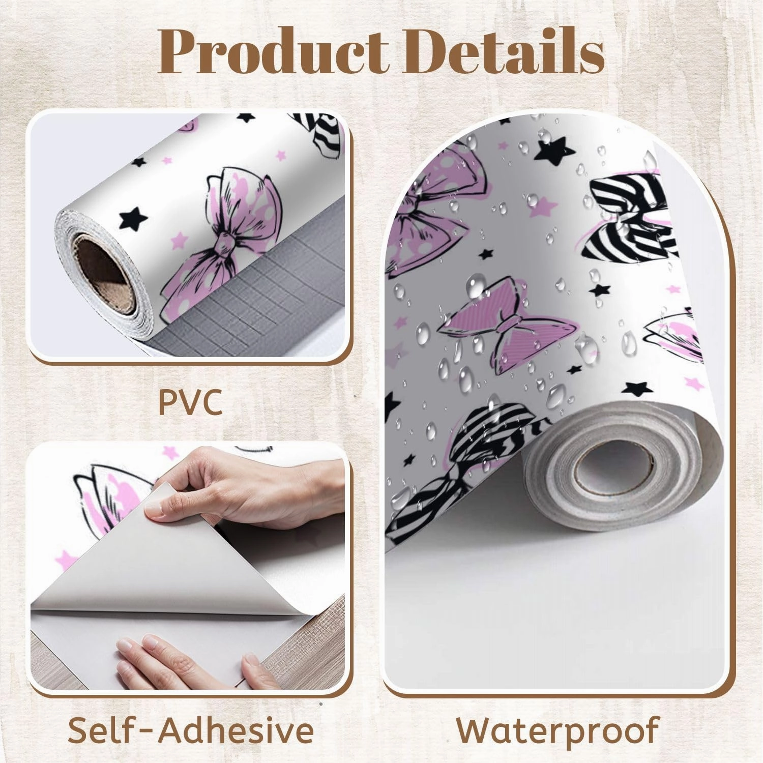 Peel and Stick Wallpaper Self Adhesive Wall Mural Girly cute seamless hand drawn black pink white bows stars white Contact Paper Renter Friendly Wallpaper for Kitchen Nursery Bedroom 17.7"x118"