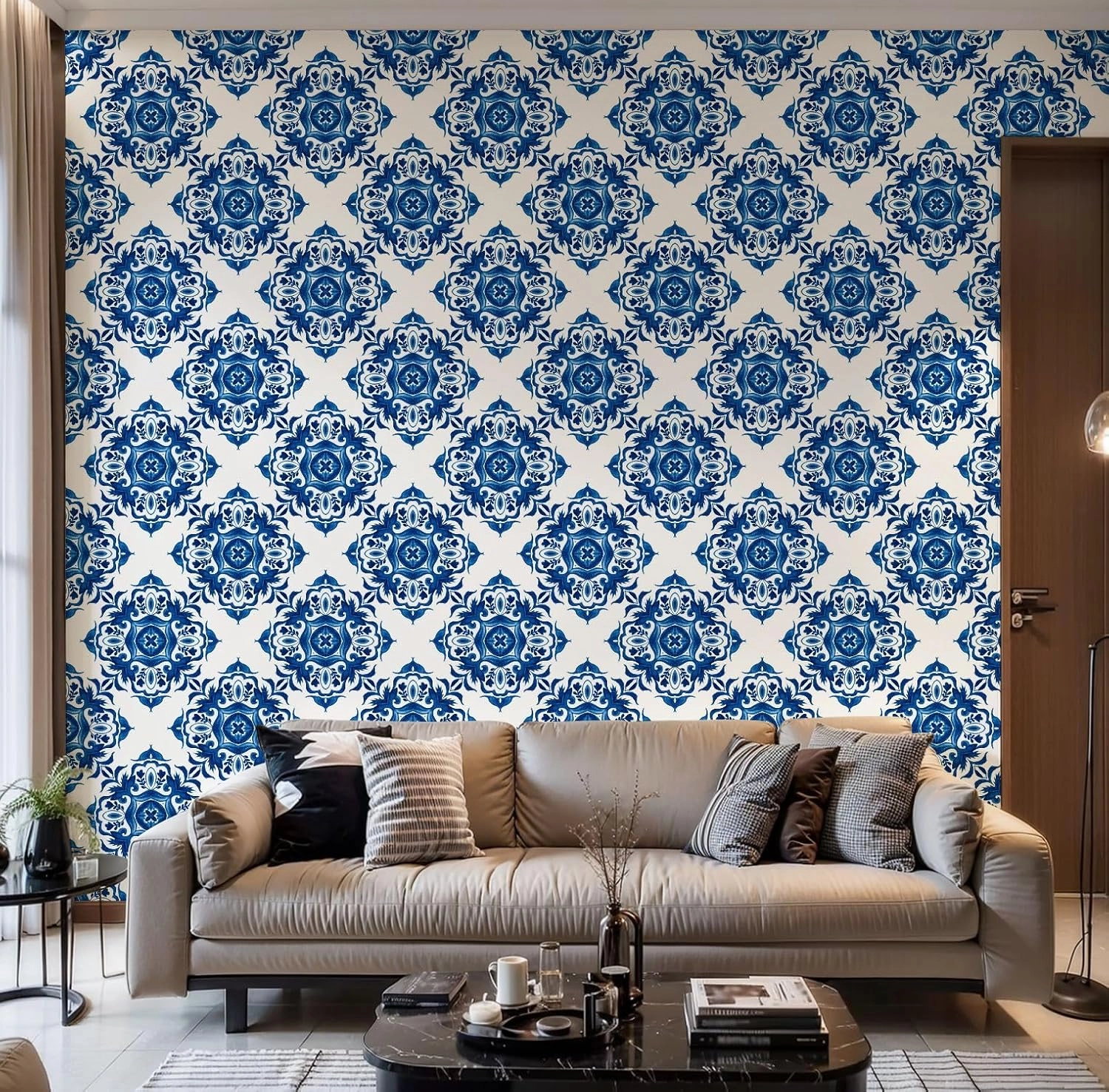 Peel and Stick Wallpaper Self Adhesive Wall Mural Gorgeous seamless mediterranean tile seamless ceramic design Contact Paper Renter Friendly Wallpaper for Kitchen Nursery Bedroom 17.7"x118"