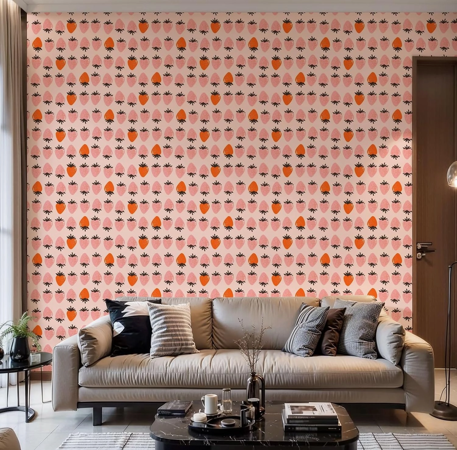 Peel and Stick Wallpaper Self Adhesive Wall Mural Groovy hippie 70s seamless pattern strawberries Funny cartoon elements Contact Paper Renter Friendly Wallpaper for Kitchen Nursery Bedroom 17.7"x118"