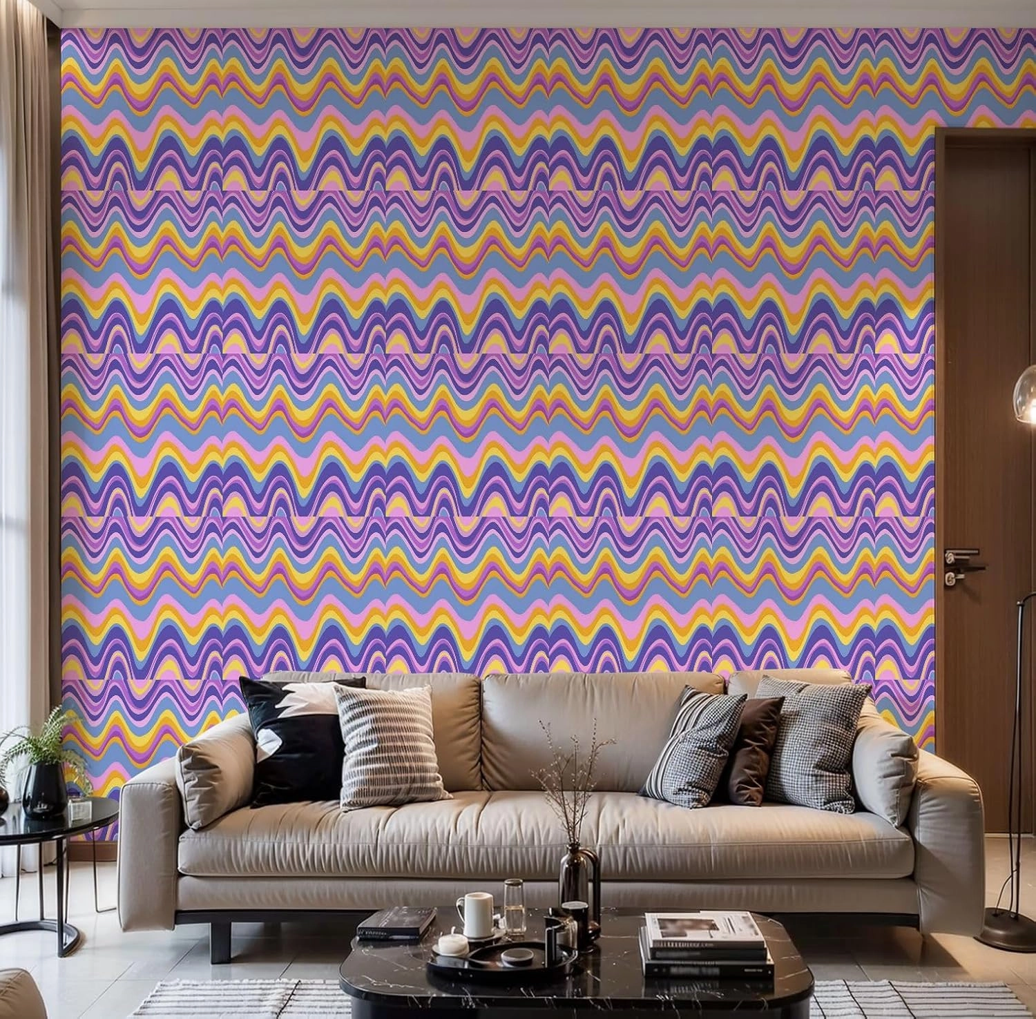 Peel and Stick Wallpaper Self Adhesive Wall Mural Groovy Waves Horizontal Psychedelic Abstract Curves Seamless Pattern Contact Paper Renter Friendly Wallpaper for Kitchen Nursery Bedroom 17.7"x118"