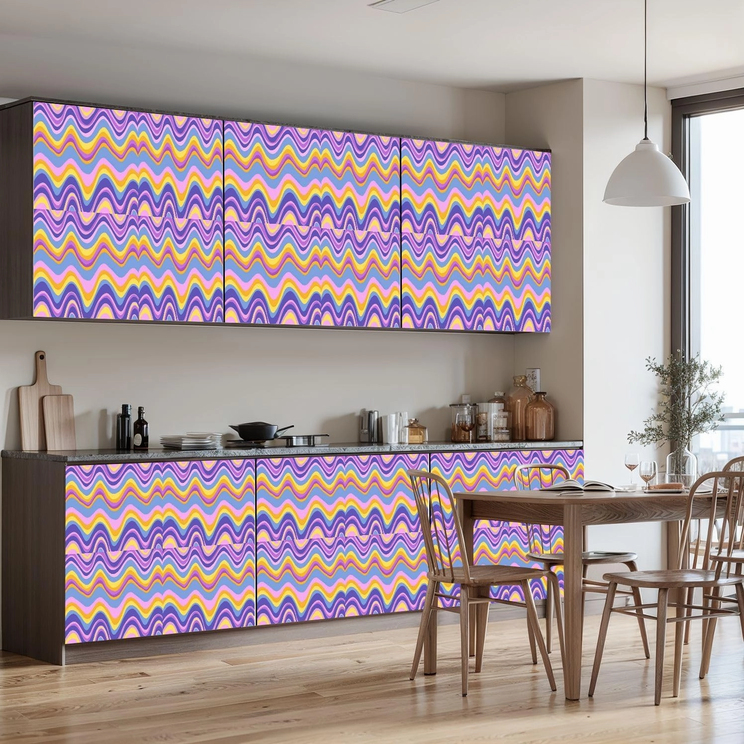 Peel and Stick Wallpaper Self Adhesive Wall Mural Groovy Waves Horizontal Psychedelic Abstract Curves Seamless Pattern Contact Paper Renter Friendly Wallpaper for Kitchen Nursery Bedroom 17.7"x118"