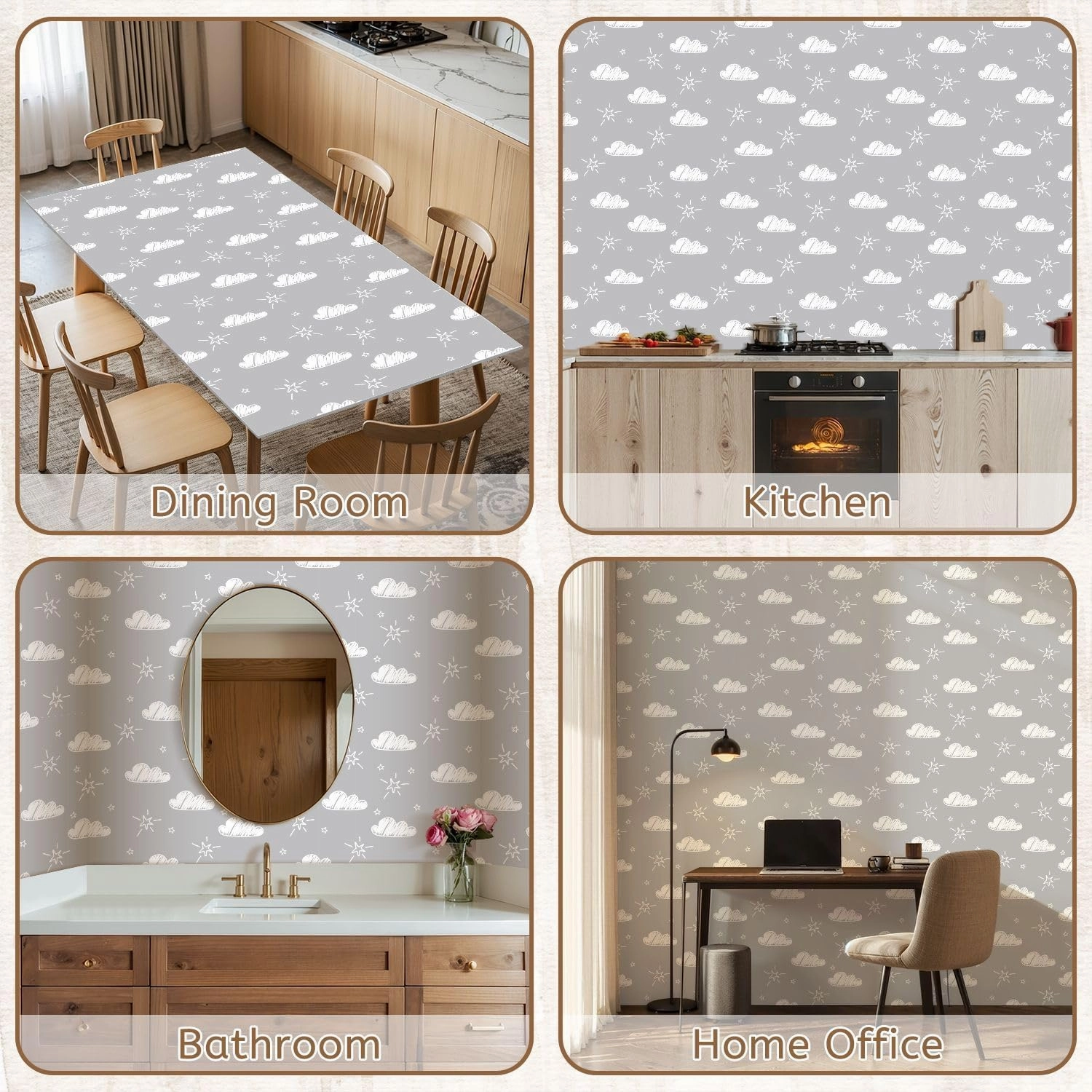 Peel and Stick Wallpaper Self Adhesive Wall Mural Hand Drawn Seamless Pattern Cute Clouds Stars Gray Contact Paper Renter Friendly Wallpaper for Kitchen Nursery Bedroom 17.7"x118"