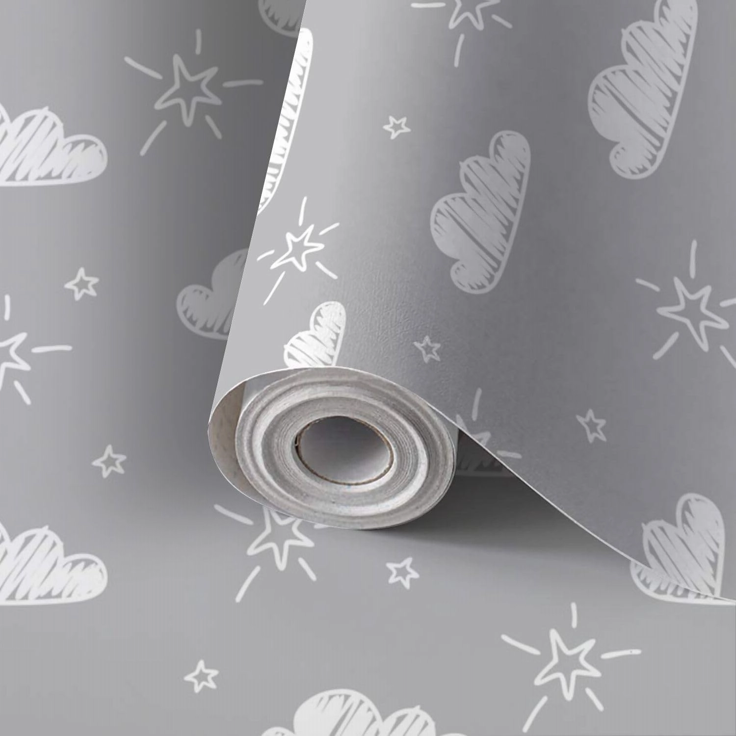 Peel and Stick Wallpaper Self Adhesive Wall Mural Hand Drawn Seamless Pattern Cute Clouds Stars Gray Contact Paper Renter Friendly Wallpaper for Kitchen Nursery Bedroom 17.7"x118"