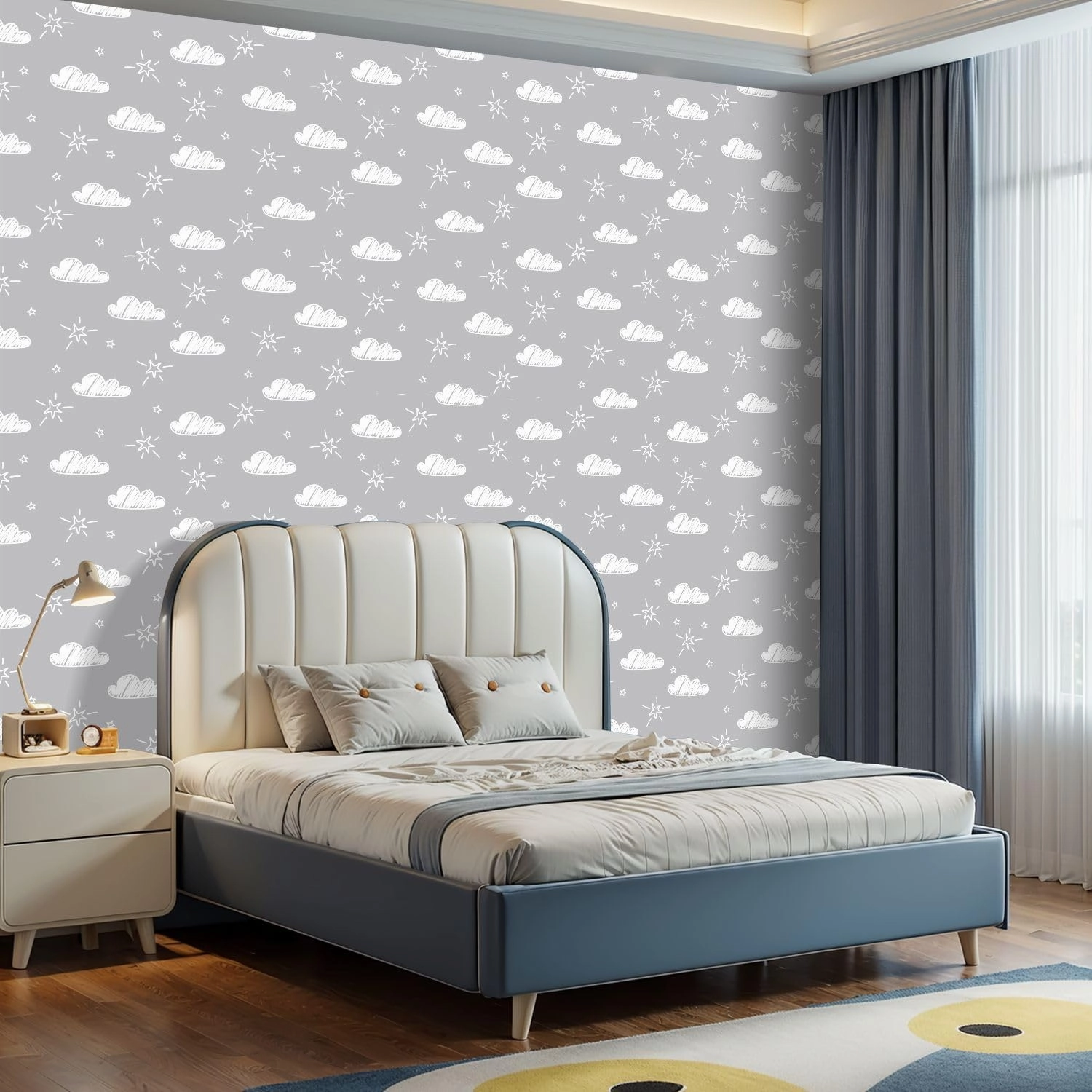 Peel and Stick Wallpaper Self Adhesive Wall Mural Hand Drawn Seamless Pattern Cute Clouds Stars Gray Contact Paper Renter Friendly Wallpaper for Kitchen Nursery Bedroom 17.7"x118"