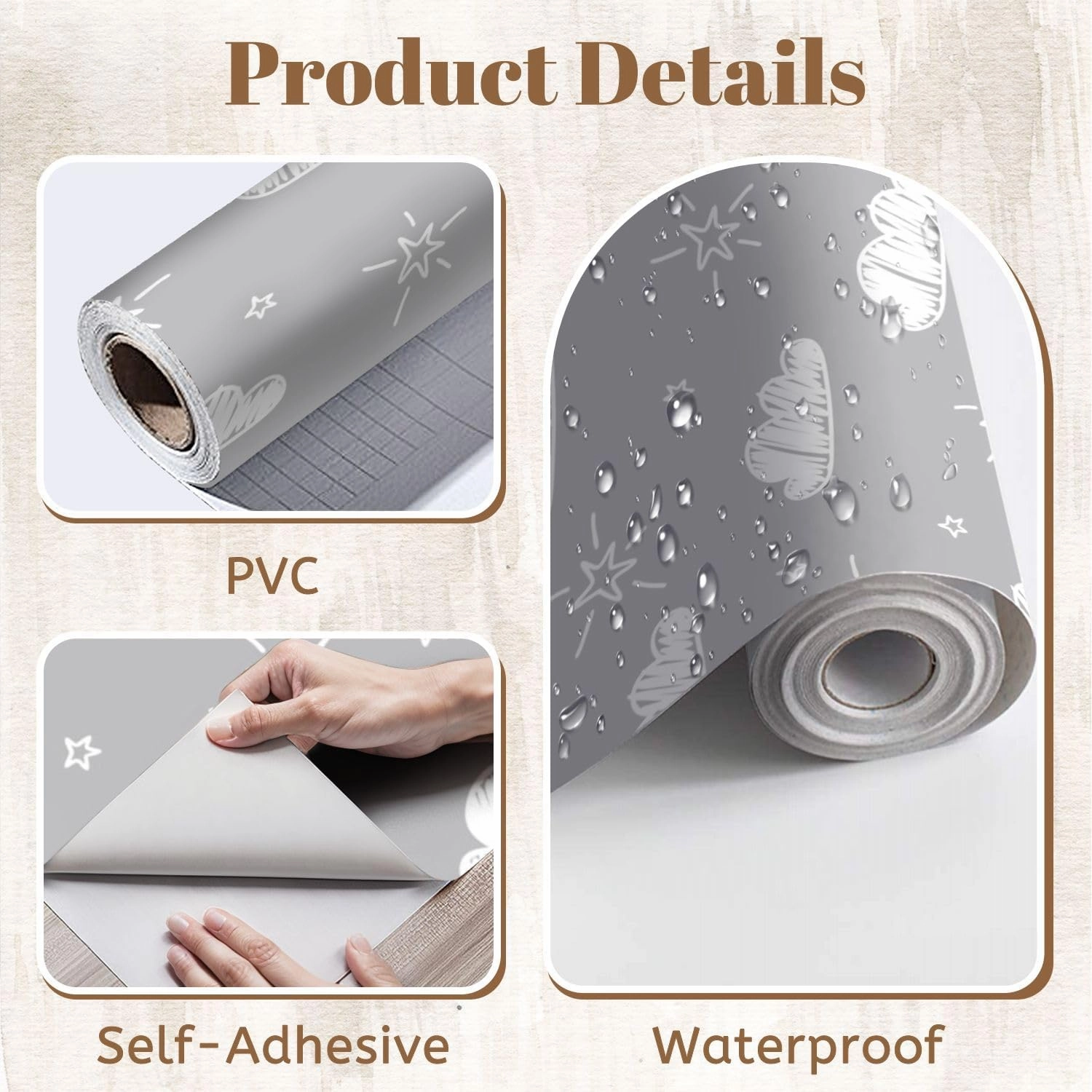 Peel and Stick Wallpaper Self Adhesive Wall Mural Hand Drawn Seamless Pattern Cute Clouds Stars Gray Contact Paper Renter Friendly Wallpaper for Kitchen Nursery Bedroom 17.7"x118"