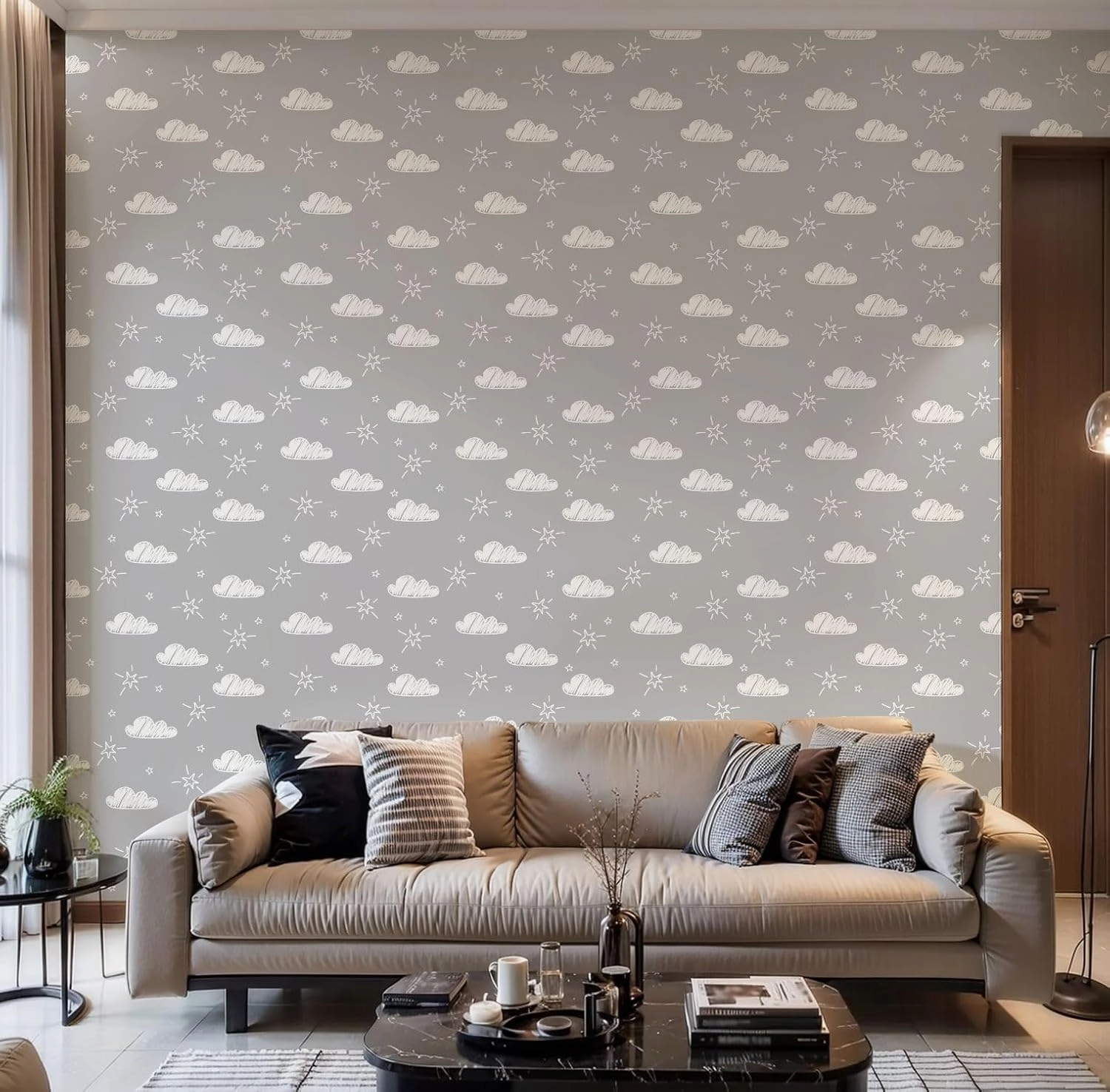 Peel and Stick Wallpaper Self Adhesive Wall Mural Hand Drawn Seamless Pattern Cute Clouds Stars Gray Contact Paper Renter Friendly Wallpaper for Kitchen Nursery Bedroom 17.7"x118"
