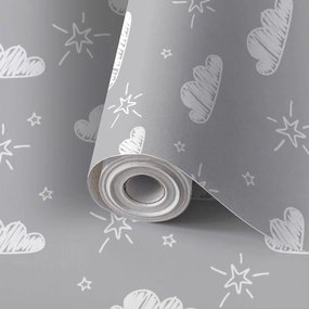 Peel and Stick Wallpaper Self Adhesive Wall Mural Hand Drawn Seamless Pattern Cute Clouds Stars Gray Contact Paper Renter Friendly Wallpaper for Kitchen Nursery Bedroom 17.7"x118"