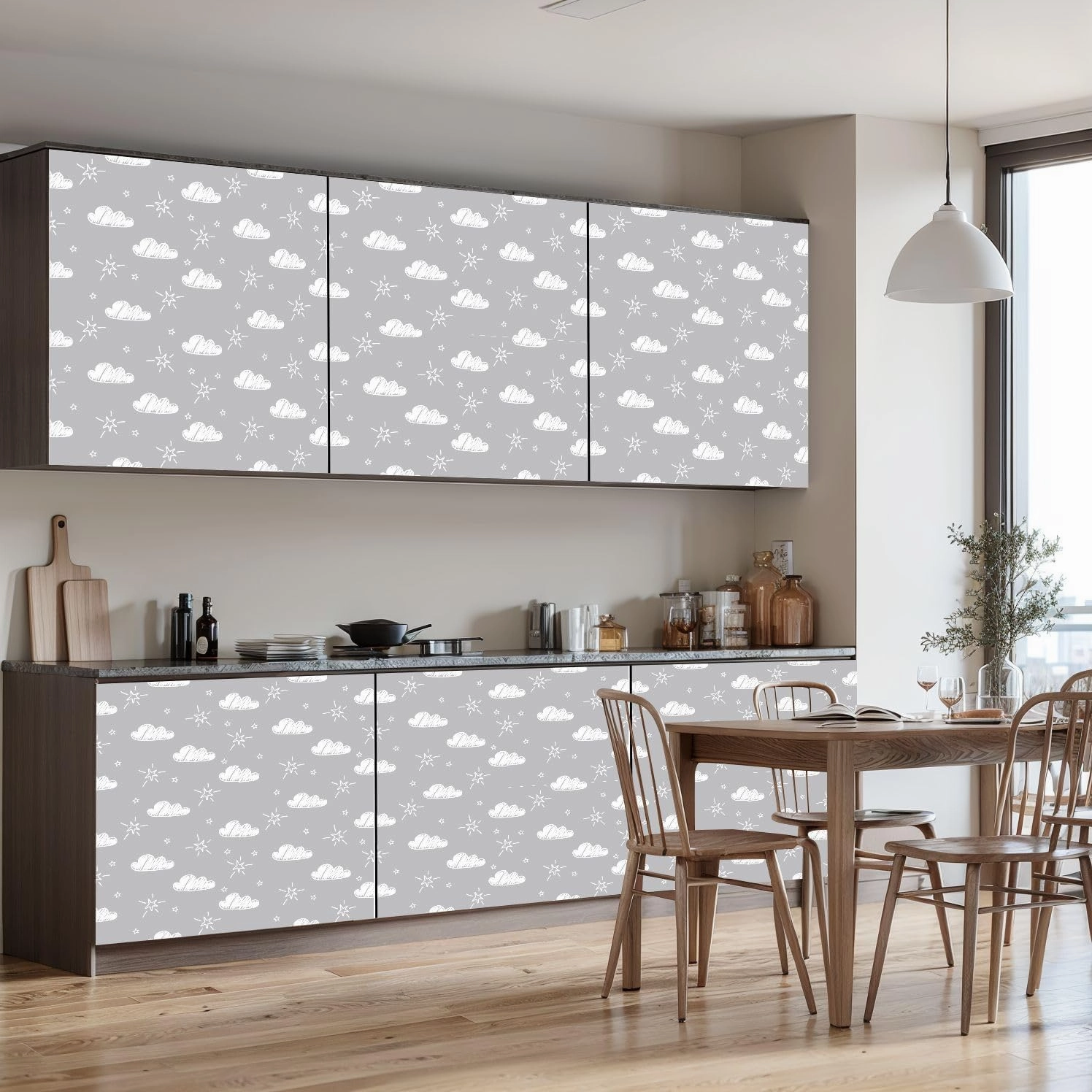 Peel and Stick Wallpaper Self Adhesive Wall Mural Hand Drawn Seamless Pattern Cute Clouds Stars Gray Contact Paper Renter Friendly Wallpaper for Kitchen Nursery Bedroom 17.7"x118"