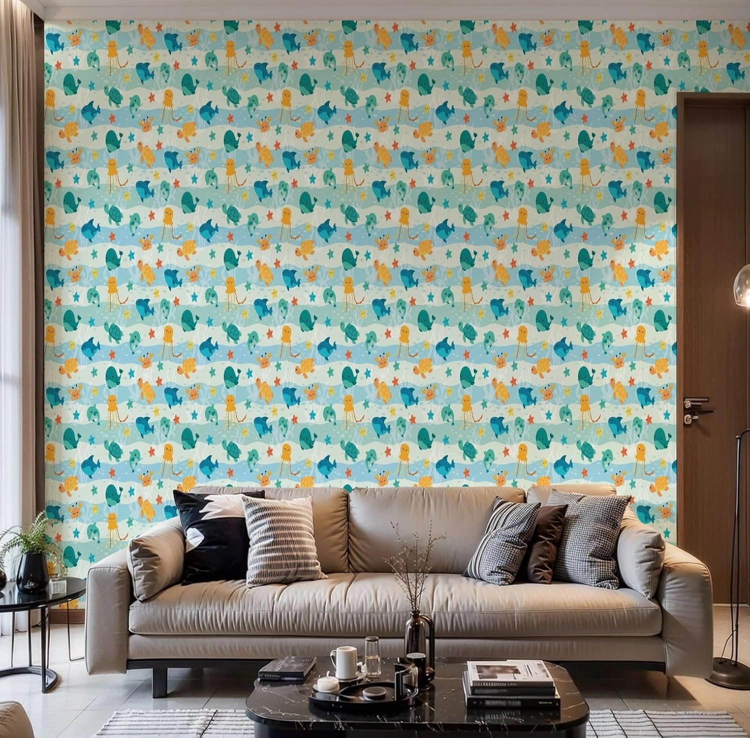 Peel and Stick Wallpaper Self Adhesive Wall Mural kids seamless Childish seamless underwater life for kids bedding Contact Paper Renter Friendly Wallpaper for Kitchen Nursery Bedroom 17.7"x118"