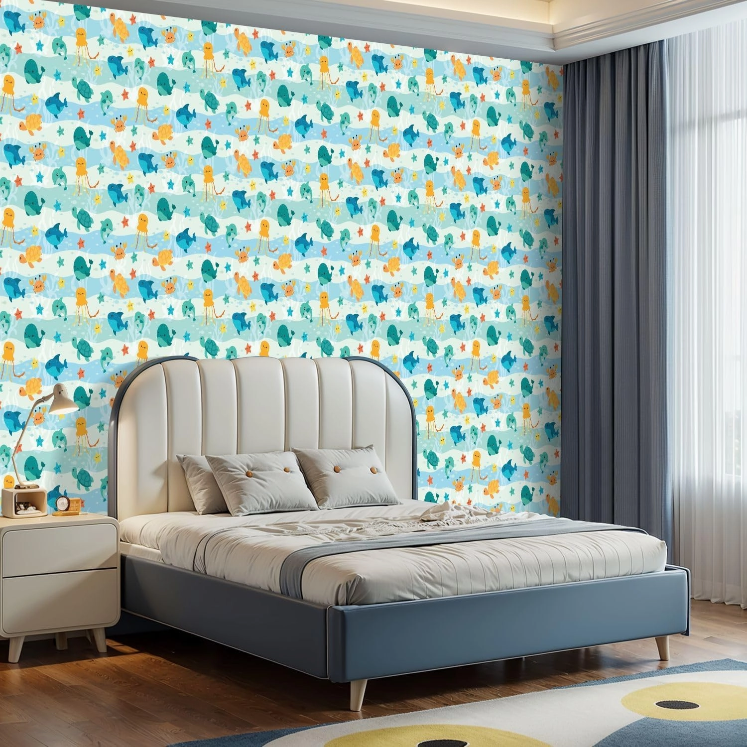 Peel and Stick Wallpaper Self Adhesive Wall Mural kids seamless Childish seamless underwater life for kids bedding Contact Paper Renter Friendly Wallpaper for Kitchen Nursery Bedroom 17.7"x118"