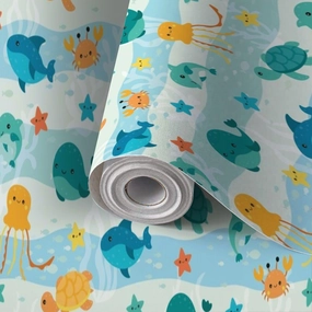Peel and Stick Wallpaper Self Adhesive Wall Mural kids seamless Childish seamless underwater life for kids bedding Contact Paper Renter Friendly Wallpaper for Kitchen Nursery Bedroom 17.7"x118"
