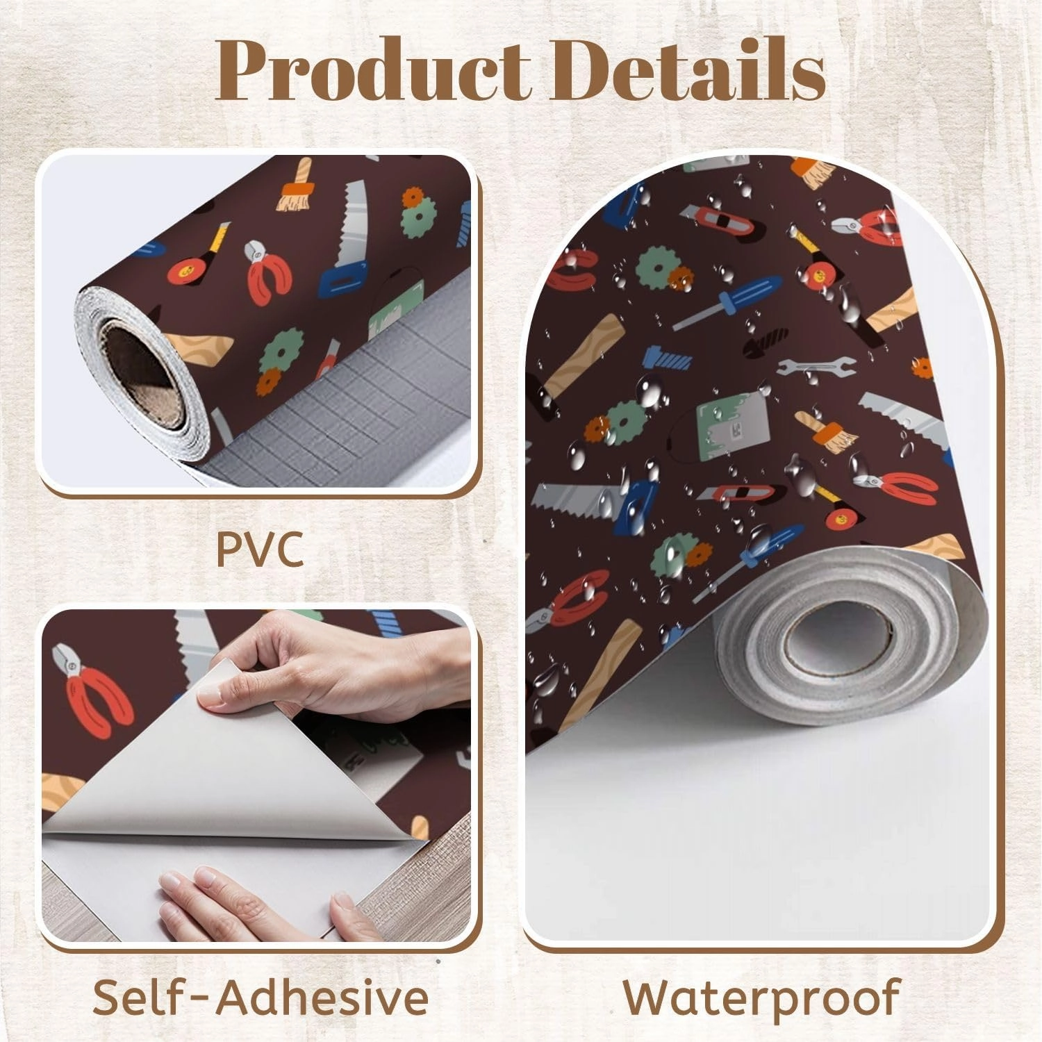 Peel and Stick Wallpaper Self Adhesive Wall Mural Kids seamless pattern for boys various work tools such as hammer saw Contact Paper Renter Friendly Wallpaper for Kitchen Nursery Bedroom 17.7"x118"