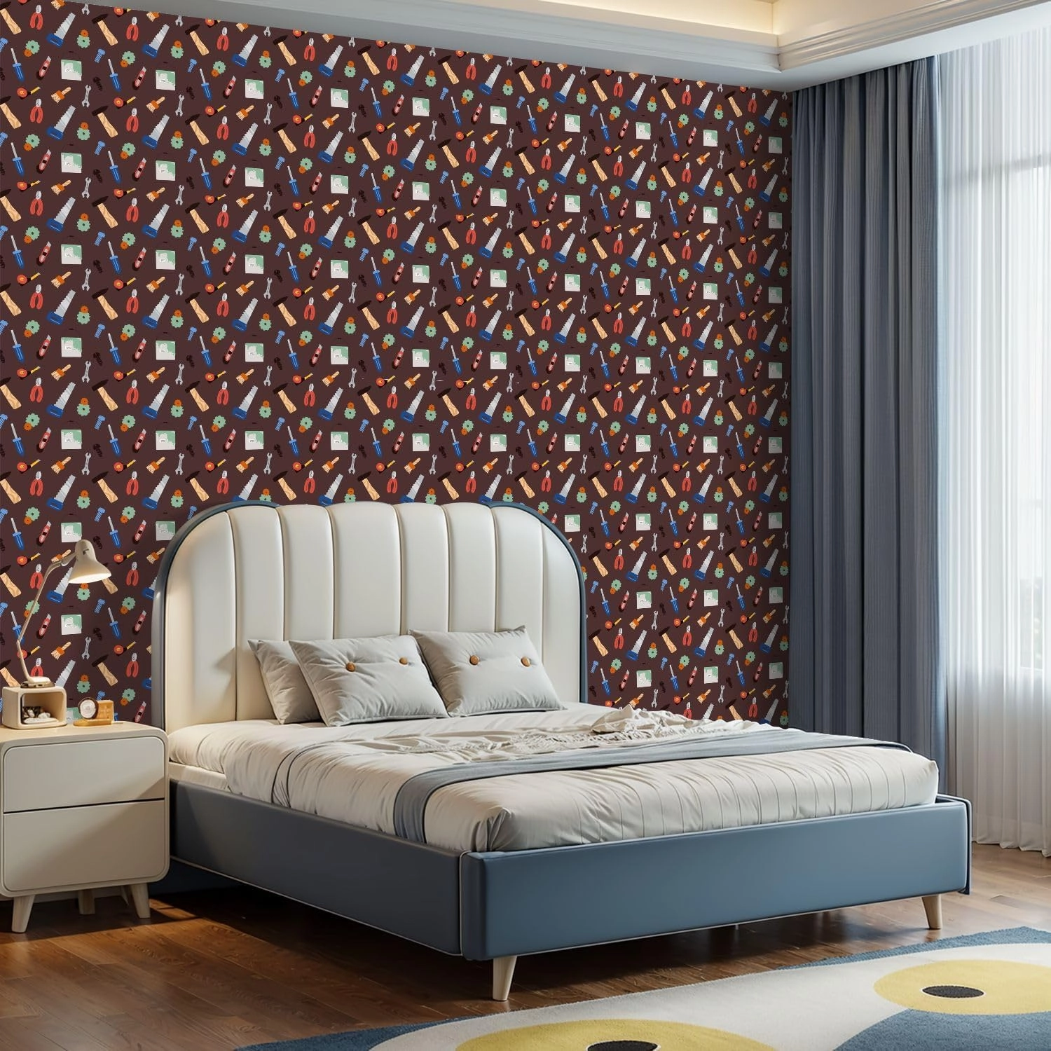 Peel and Stick Wallpaper Self Adhesive Wall Mural Kids seamless pattern for boys various work tools such as hammer saw Contact Paper Renter Friendly Wallpaper for Kitchen Nursery Bedroom 17.7"x118"