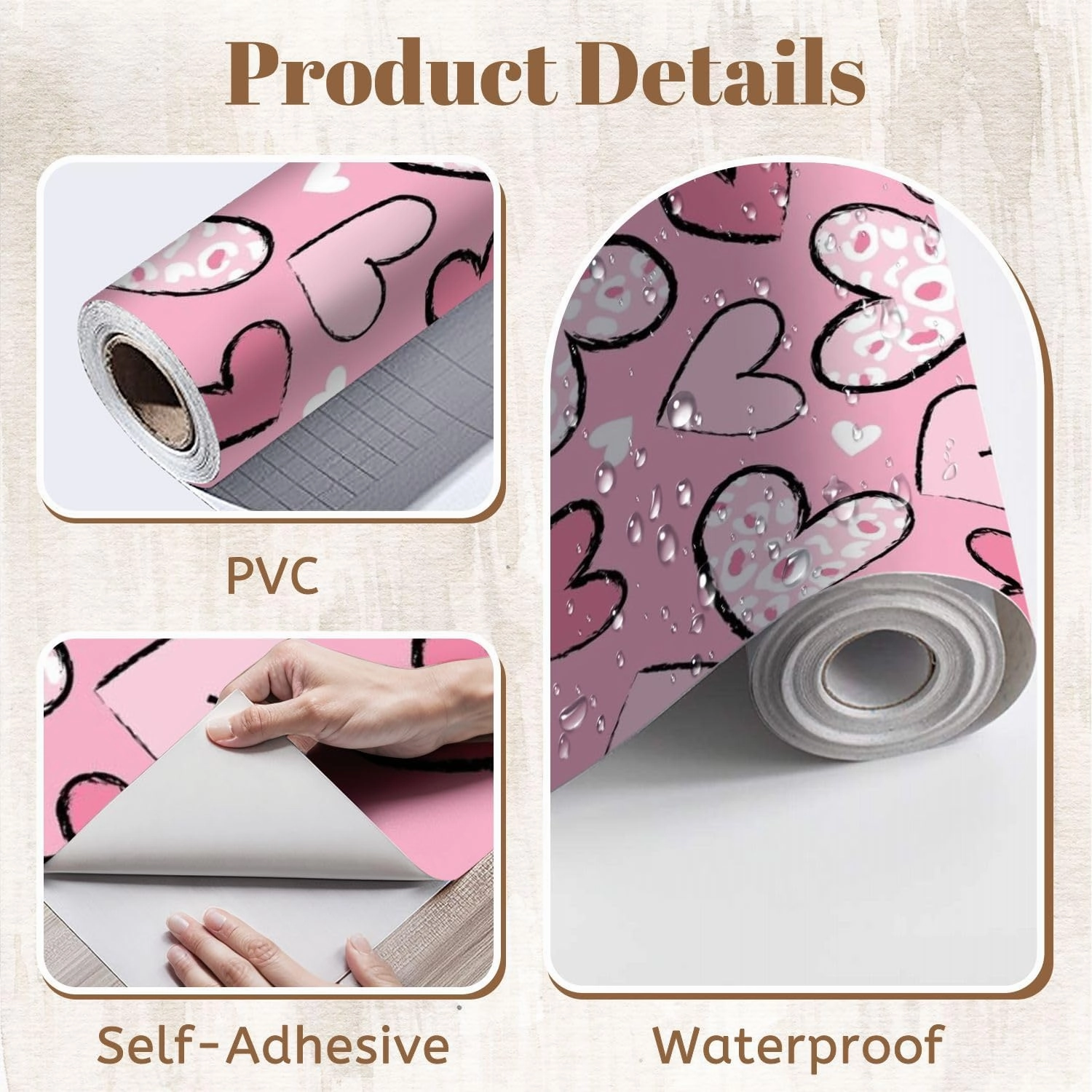 Peel and Stick Wallpaper Self Adhesive Wall Mural Love Heart Texture Girl Lovely Animal Print Contact Paper Renter Friendly Wallpaper for Kitchen Nursery Bedroom 17.7"x118"