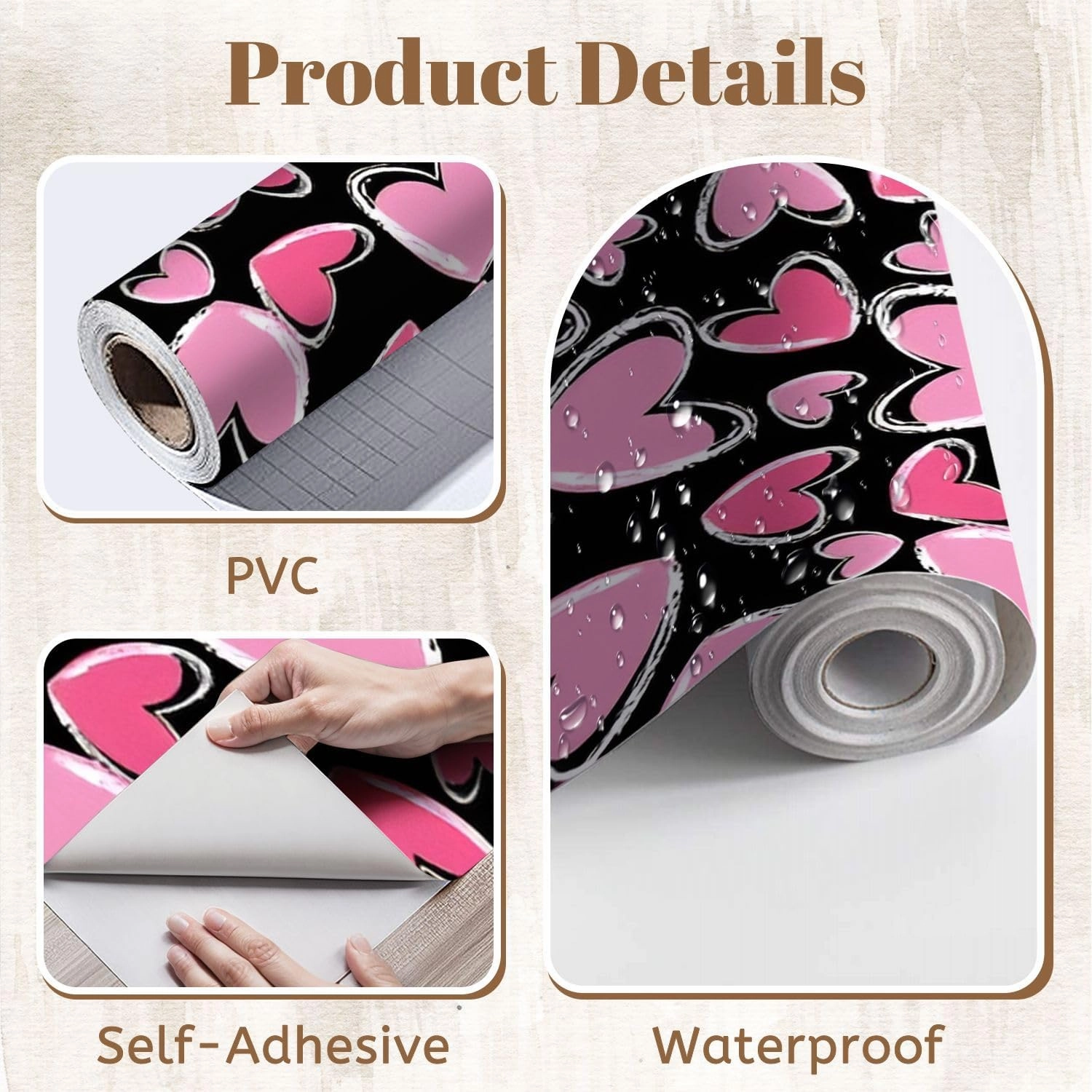 Peel and Stick Wallpaper Self Adhesive Wall Mural Love Heart Texture Girl Lovely Contact Paper Renter Friendly Wallpaper for Kitchen Nursery Bedroom 17.7"x118"
