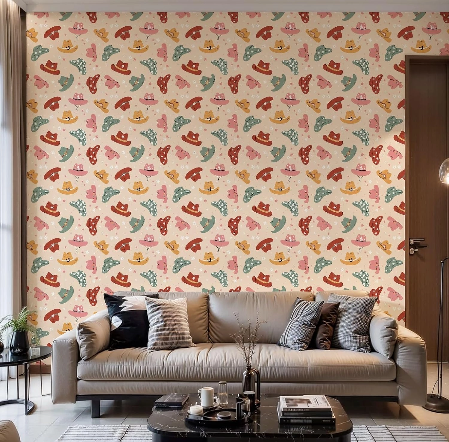 Peel and Stick Wallpaper Self Adhesive Wall Mural Lovely illustrated cowboy hats different ornaments cactus horseshoe Contact Paper Renter Friendly Wallpaper for Kitchen Nursery Bedroom 17.7"x118"