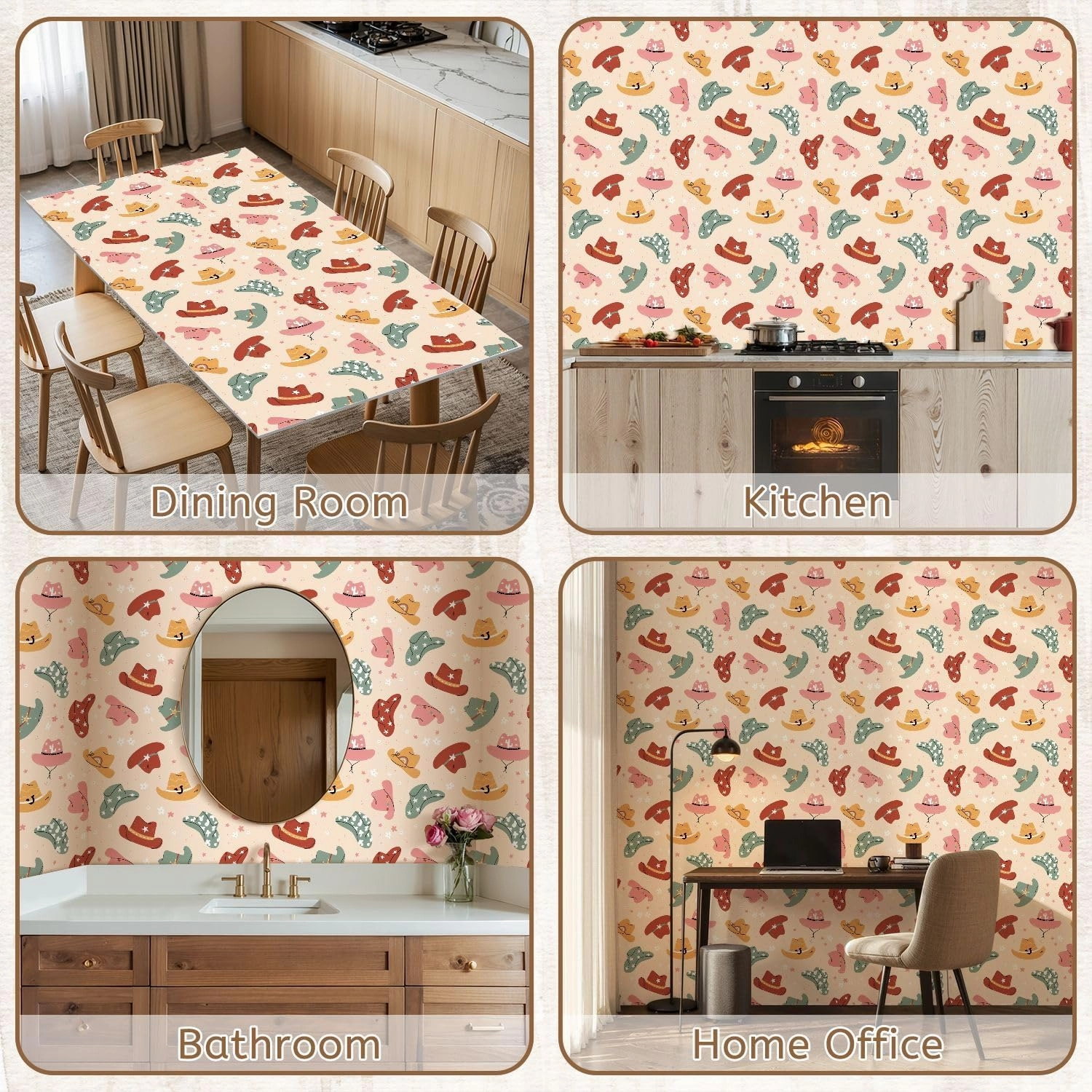 Peel and Stick Wallpaper Self Adhesive Wall Mural Lovely illustrated cowboy hats different ornaments cactus horseshoe Contact Paper Renter Friendly Wallpaper for Kitchen Nursery Bedroom 17.7"x118"