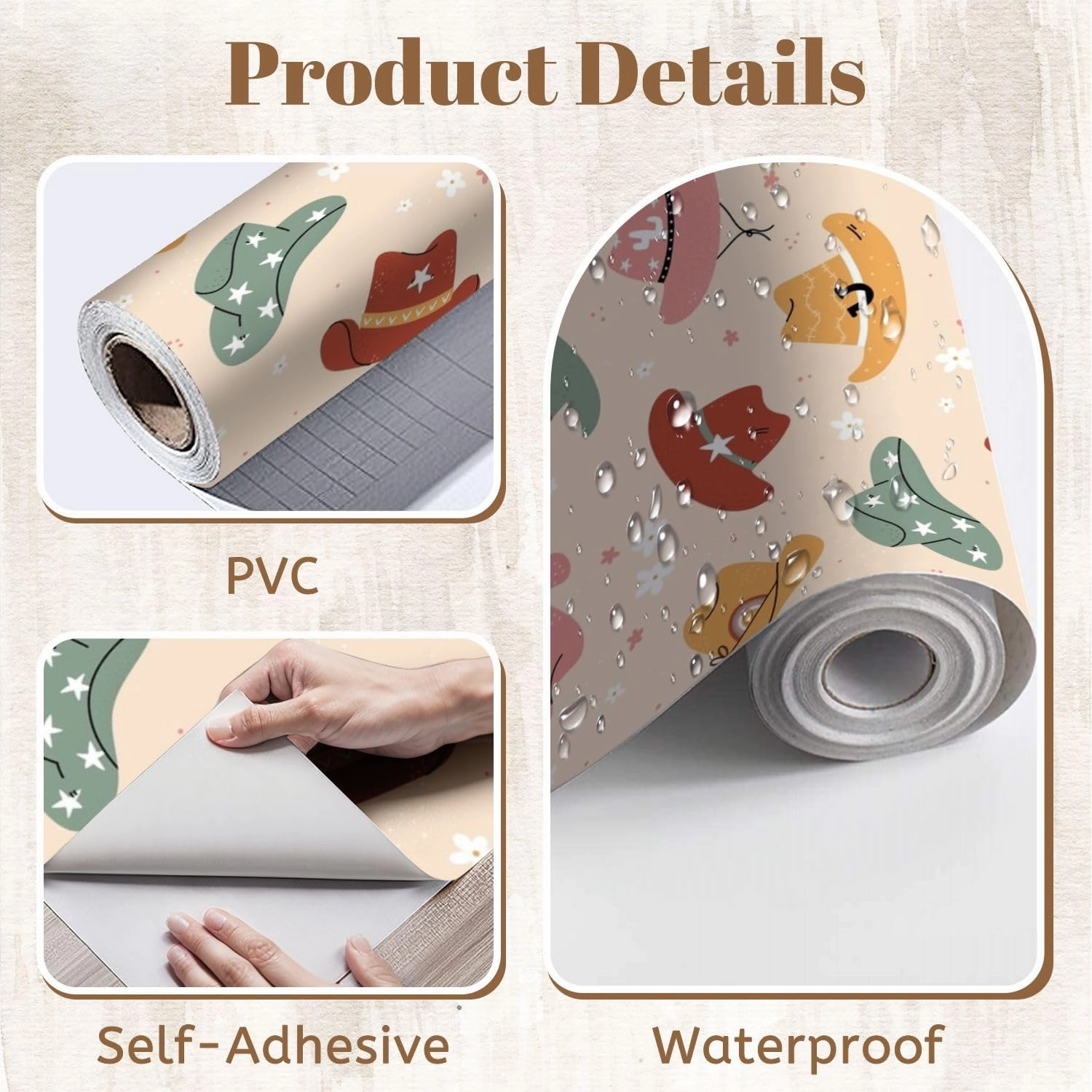 Peel and Stick Wallpaper Self Adhesive Wall Mural Lovely illustrated cowboy hats different ornaments cactus horseshoe Contact Paper Renter Friendly Wallpaper for Kitchen Nursery Bedroom 17.7"x118"
