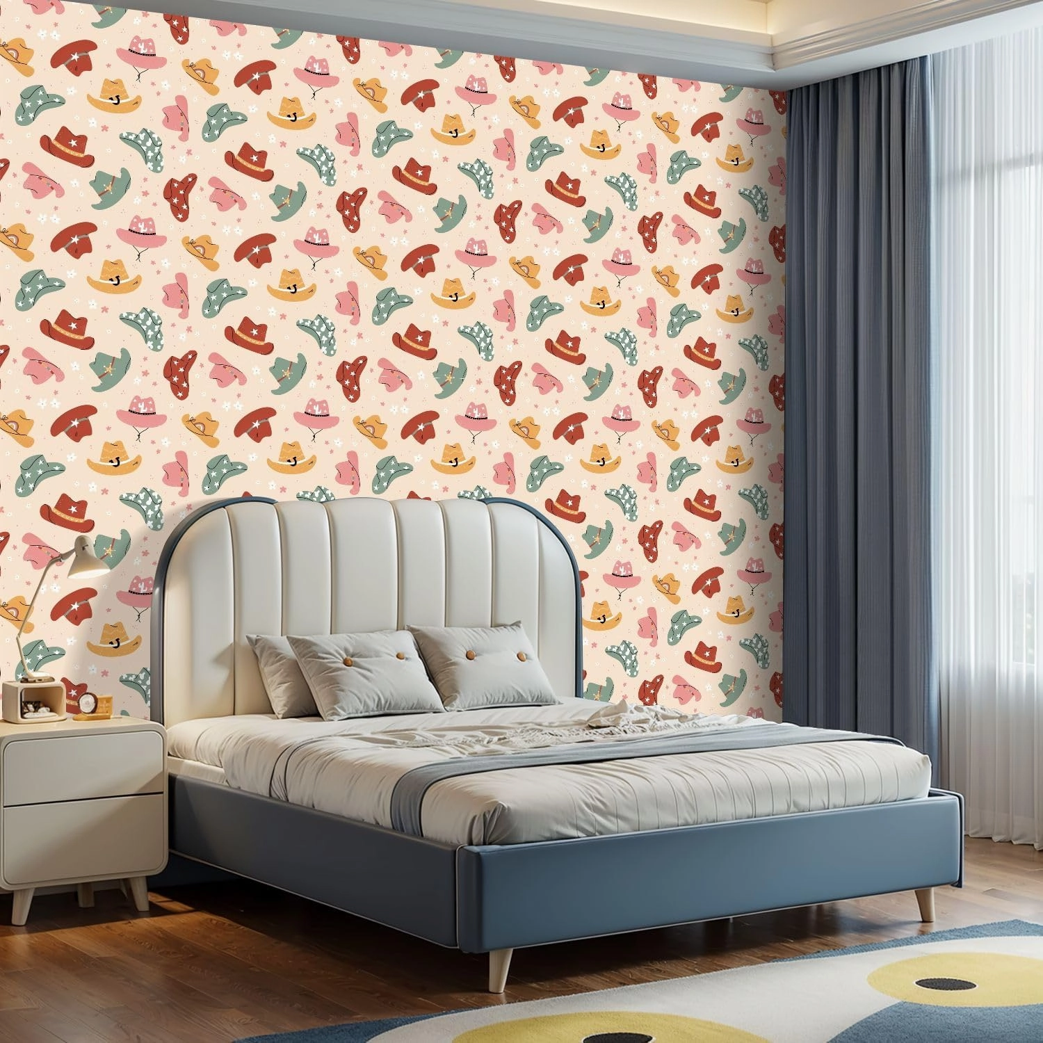 Peel and Stick Wallpaper Self Adhesive Wall Mural Lovely illustrated cowboy hats different ornaments cactus horseshoe Contact Paper Renter Friendly Wallpaper for Kitchen Nursery Bedroom 17.7"x118"