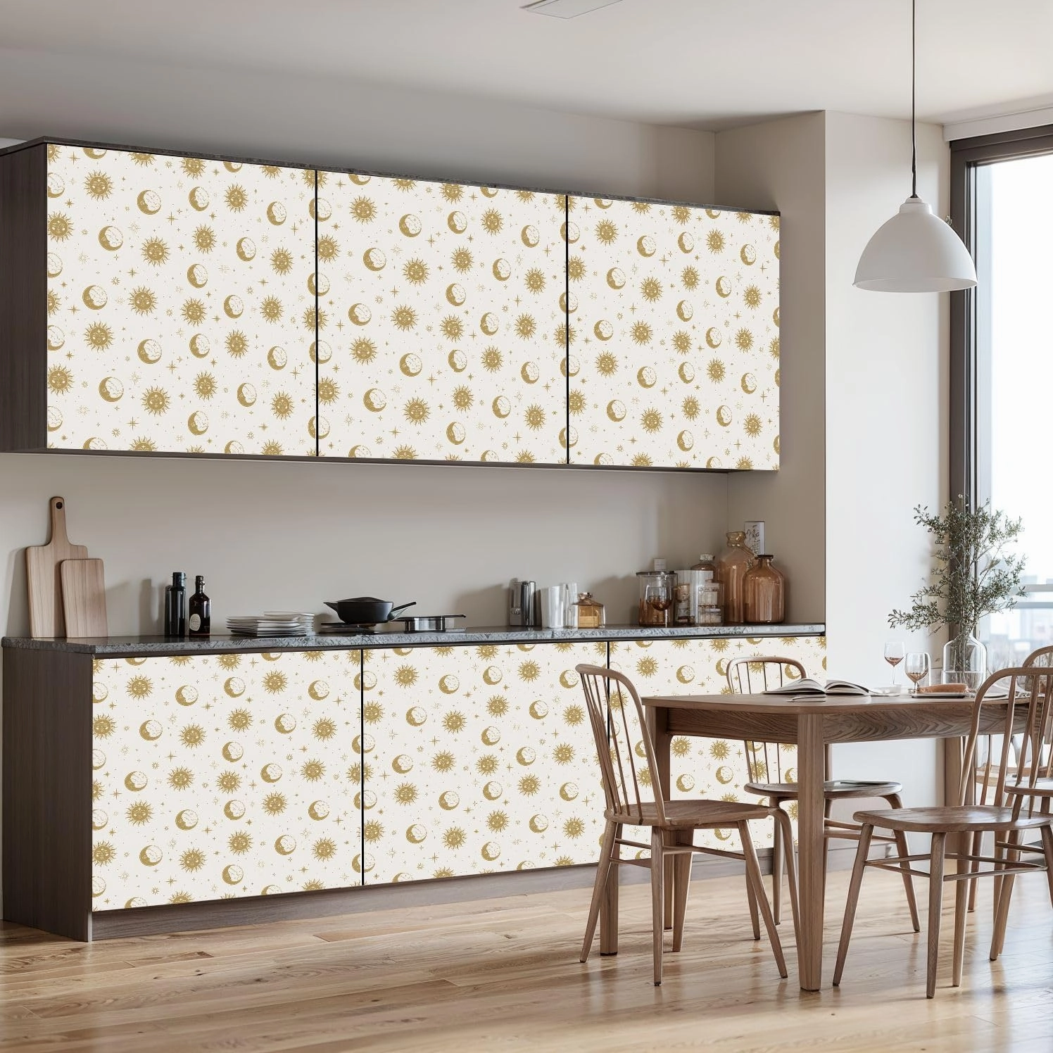 Peel and Stick Wallpaper Self Adhesive Wall Mural magic seamless pattern gold sun moon stars Mystical esoteric for Contact Paper Renter Friendly Wallpaper for Kitchen Nursery Bedroom 17.7"x118"