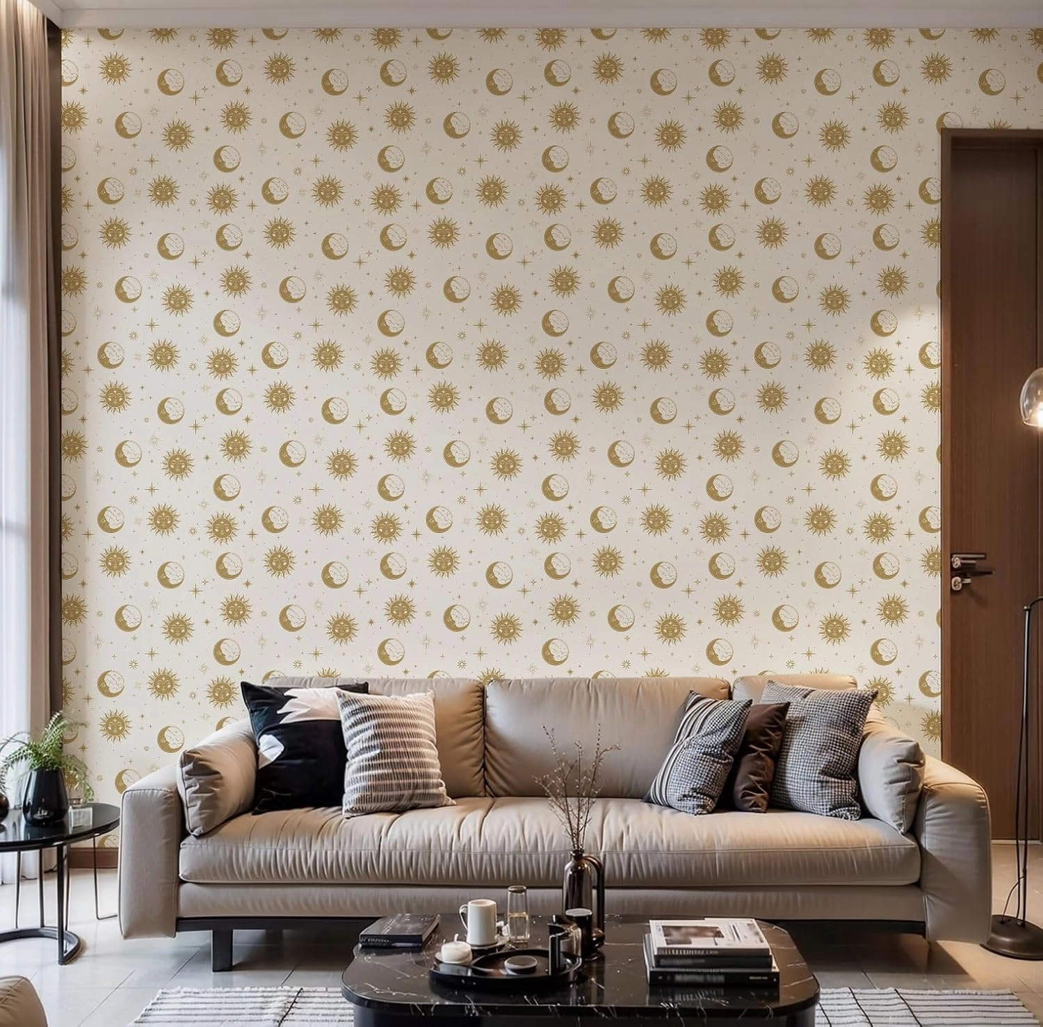 Peel and Stick Wallpaper Self Adhesive Wall Mural magic seamless pattern gold sun moon stars Mystical esoteric for Contact Paper Renter Friendly Wallpaper for Kitchen Nursery Bedroom 17.7"x118"