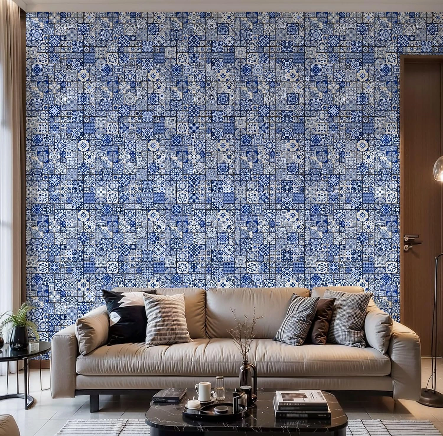 Peel and Stick Wallpaper Self Adhesive Wall Mural Majolica pottery tile blue white azulejo original traditional Contact Paper Renter Friendly Wallpaper for Kitchen Nursery Bedroom 17.7"x118"