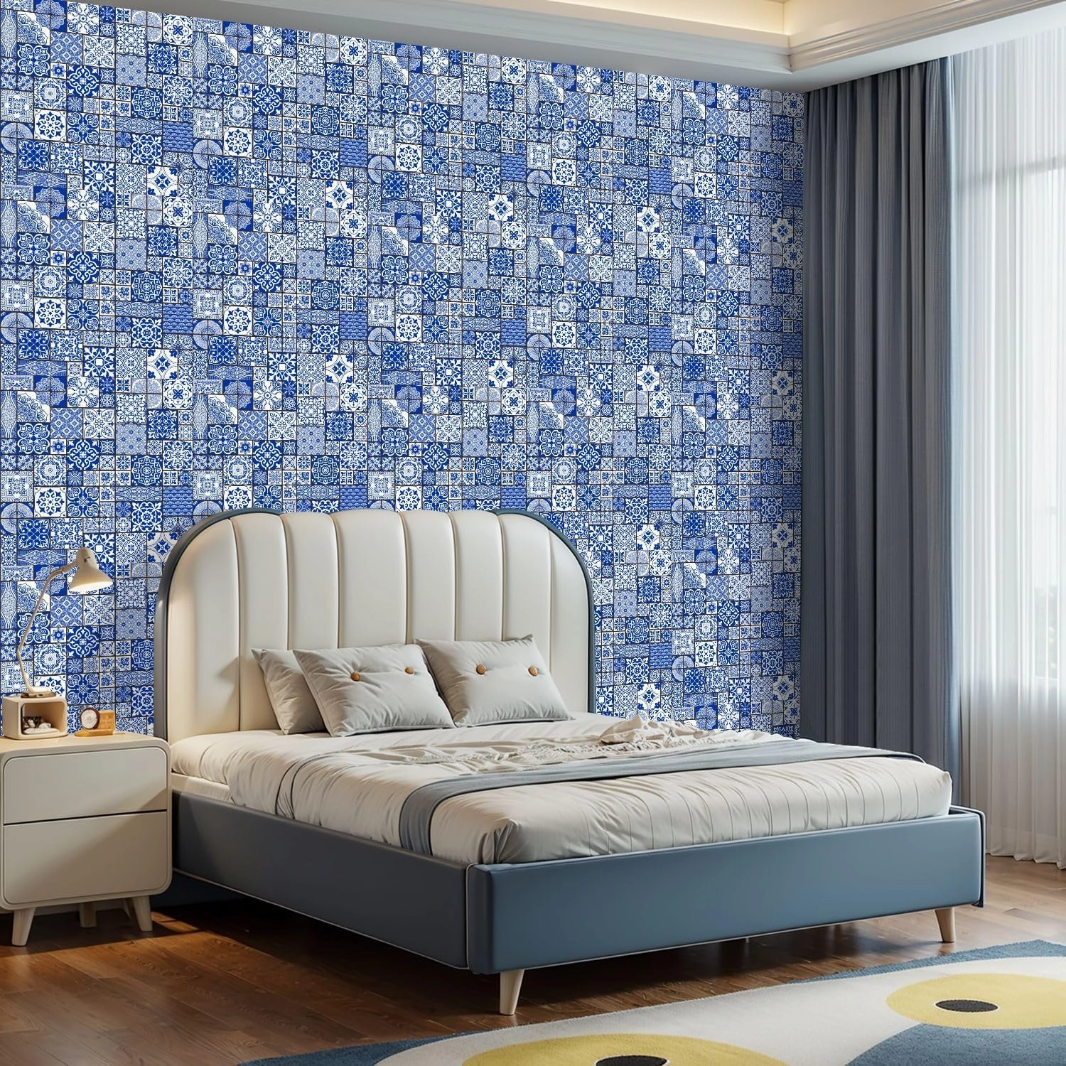 Peel and Stick Wallpaper Self Adhesive Wall Mural Majolica pottery tile blue white azulejo original traditional Contact Paper Renter Friendly Wallpaper for Kitchen Nursery Bedroom 17.7"x118"