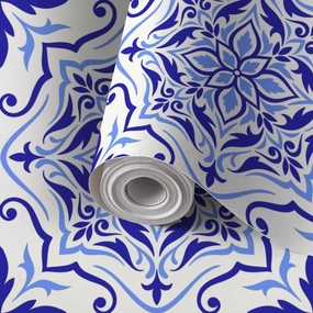 Peel and Stick Wallpaper Self Adhesive Wall Mural Mediterranean mosaic tile blue seamless Spanish Portuguese Moroccan Contact Paper Renter Friendly Wallpaper for Kitchen Nursery Bedroom 17.7"x118"