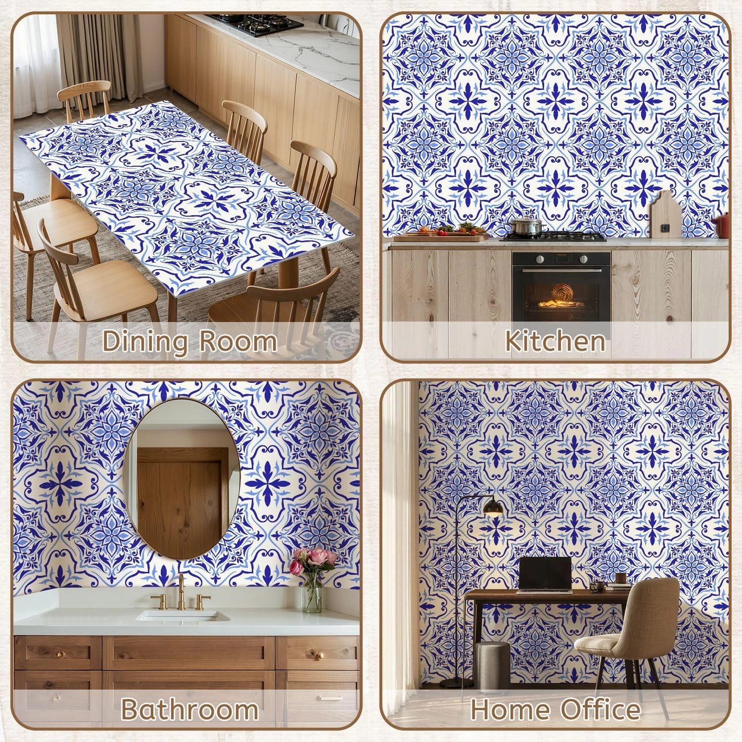 Peel and Stick Wallpaper Self Adhesive Wall Mural Mediterranean mosaic tile blue seamless Spanish Portuguese Moroccan Contact Paper Renter Friendly Wallpaper for Kitchen Nursery Bedroom 17.7"x118"