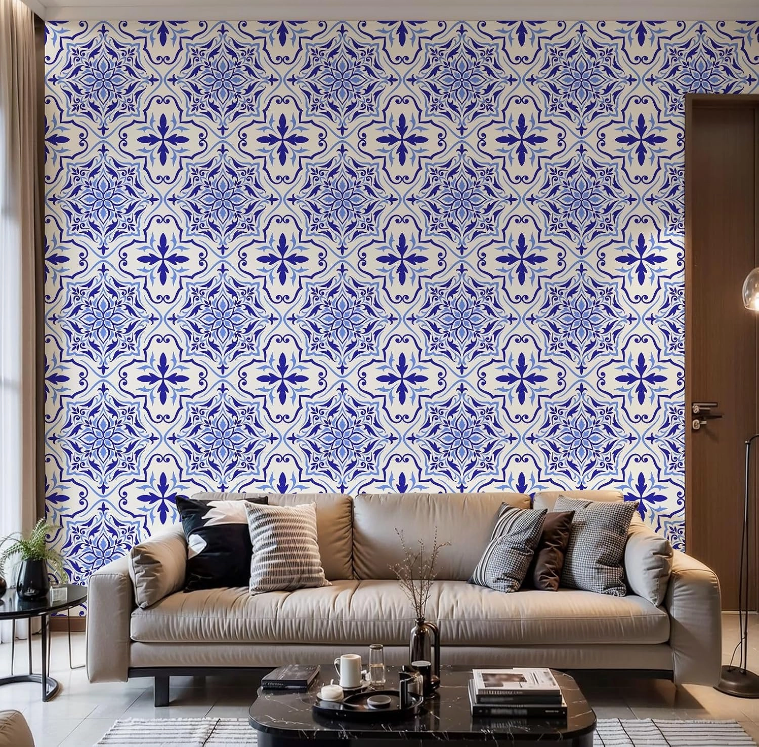 Peel and Stick Wallpaper Self Adhesive Wall Mural Mediterranean mosaic tile blue seamless Spanish Portuguese Moroccan Contact Paper Renter Friendly Wallpaper for Kitchen Nursery Bedroom 17.7"x118"