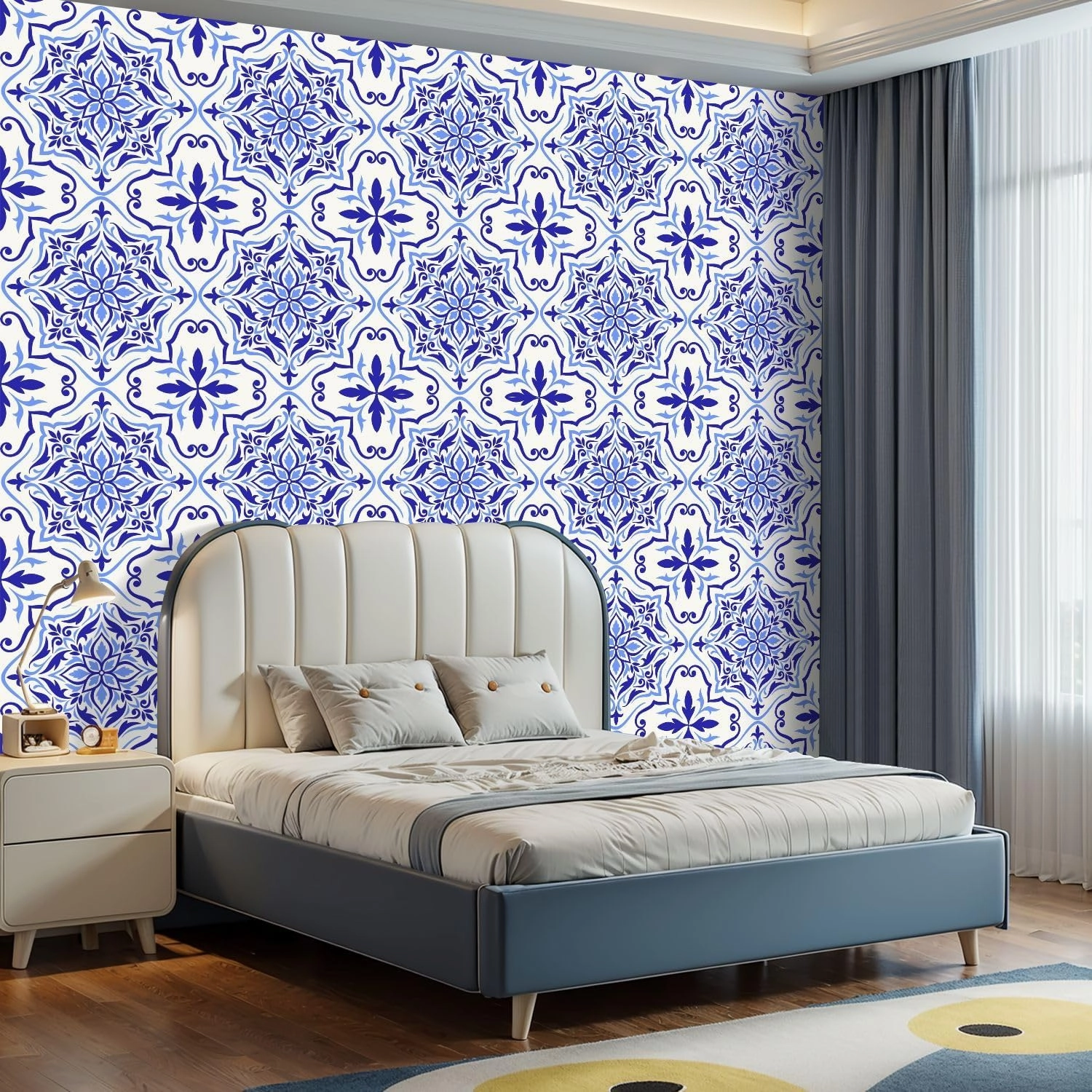 Peel and Stick Wallpaper Self Adhesive Wall Mural Mediterranean mosaic tile blue seamless Spanish Portuguese Moroccan Contact Paper Renter Friendly Wallpaper for Kitchen Nursery Bedroom 17.7"x118"