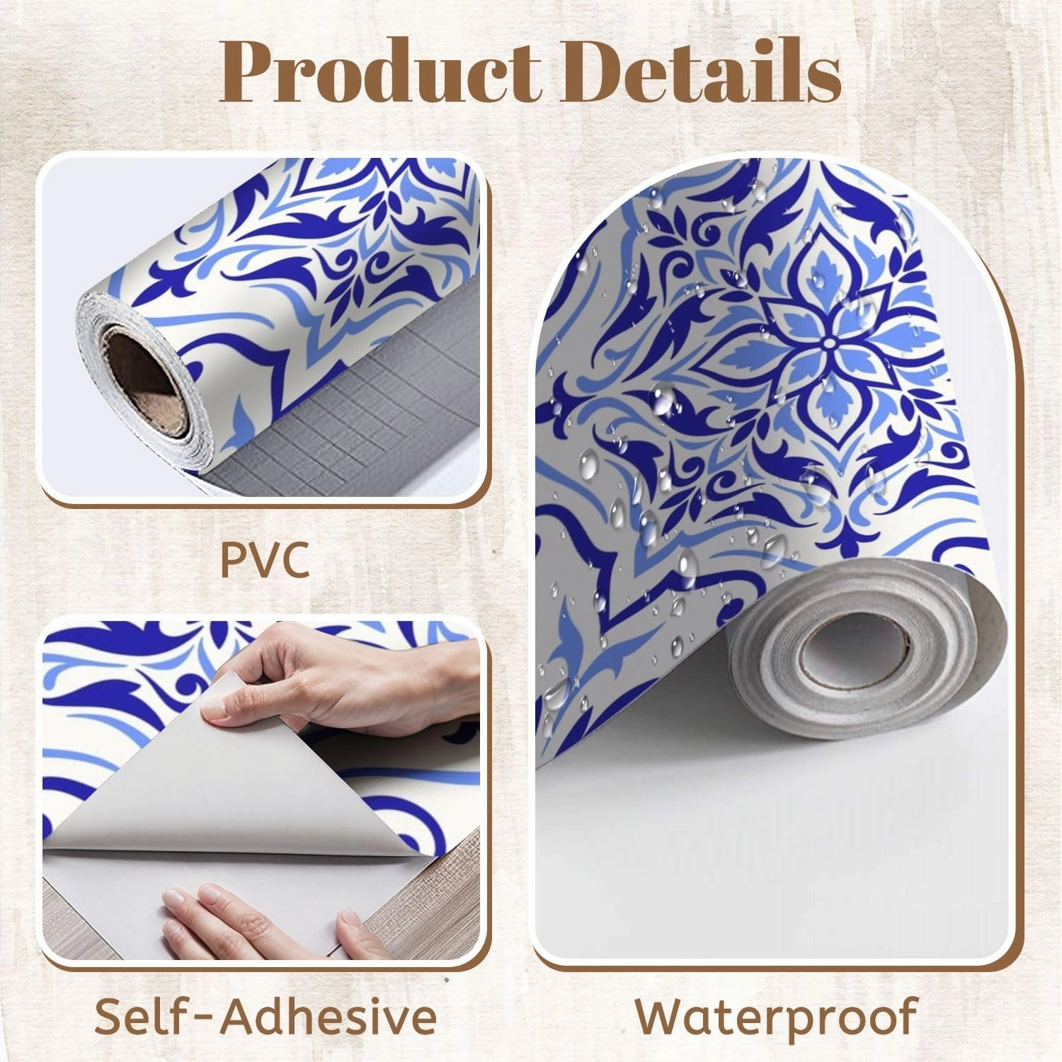 Peel and Stick Wallpaper Self Adhesive Wall Mural Mediterranean mosaic tile blue seamless Spanish Portuguese Moroccan Contact Paper Renter Friendly Wallpaper for Kitchen Nursery Bedroom 17.7"x118"