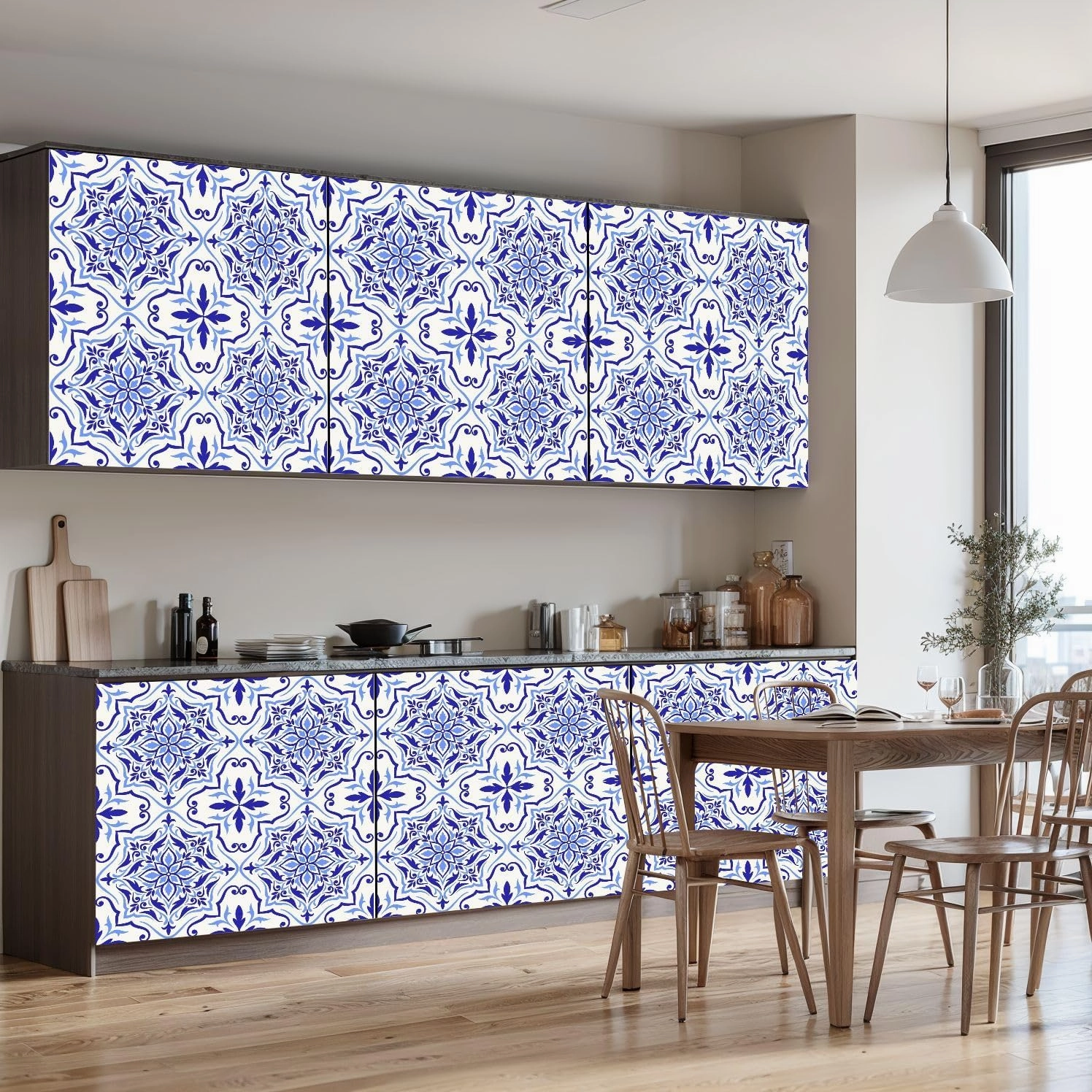 Peel and Stick Wallpaper Self Adhesive Wall Mural Mediterranean mosaic tile blue seamless Spanish Portuguese Moroccan Contact Paper Renter Friendly Wallpaper for Kitchen Nursery Bedroom 17.7"x118"
