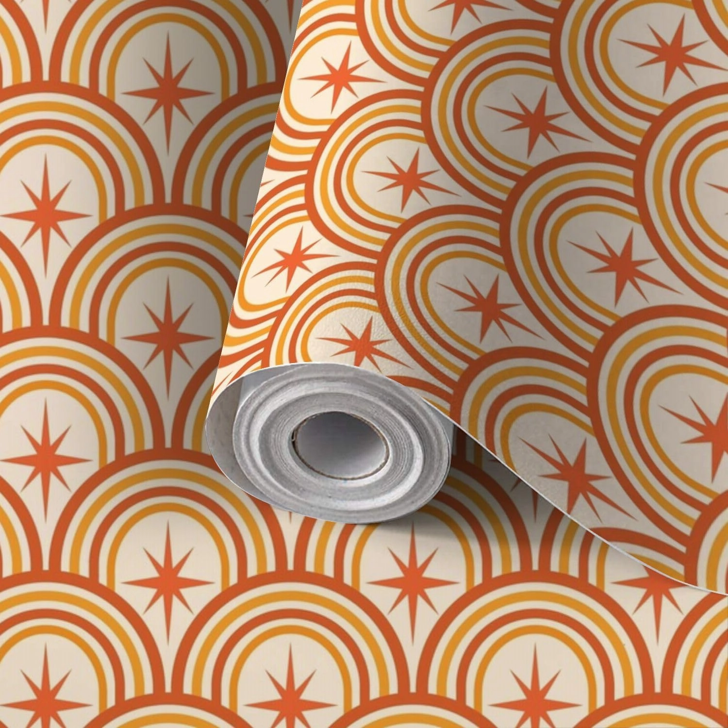 Peel and Stick Wallpaper Self Adhesive Wall Mural Mid Century Atomic Starbursts retro rainbow arches seamless pattern Contact Paper Renter Friendly Wallpaper for Kitchen Nursery Bedroom 17.7"x118"