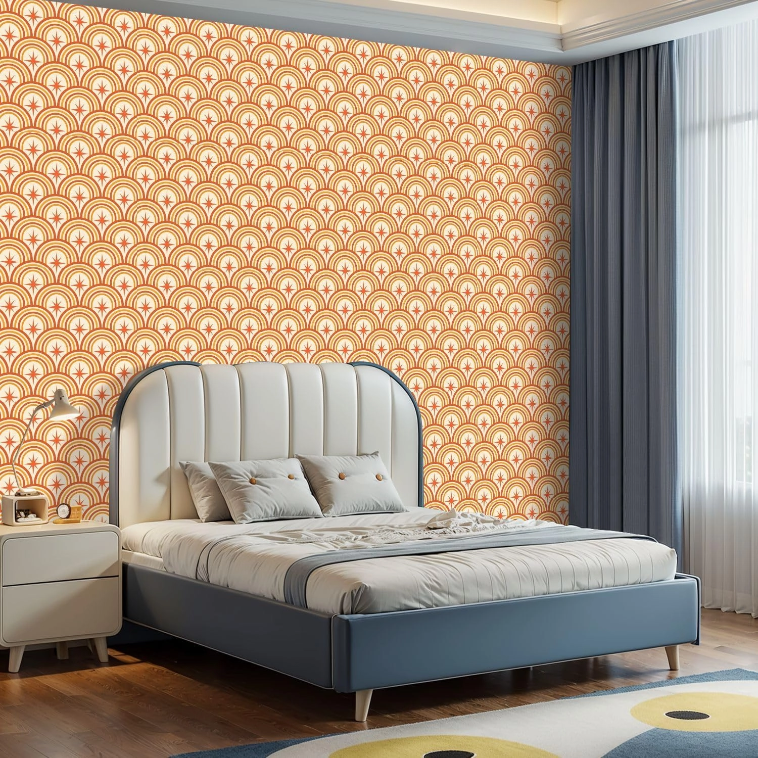 Peel and Stick Wallpaper Self Adhesive Wall Mural Mid Century Atomic Starbursts retro rainbow arches seamless pattern Contact Paper Renter Friendly Wallpaper for Kitchen Nursery Bedroom 17.7"x118"