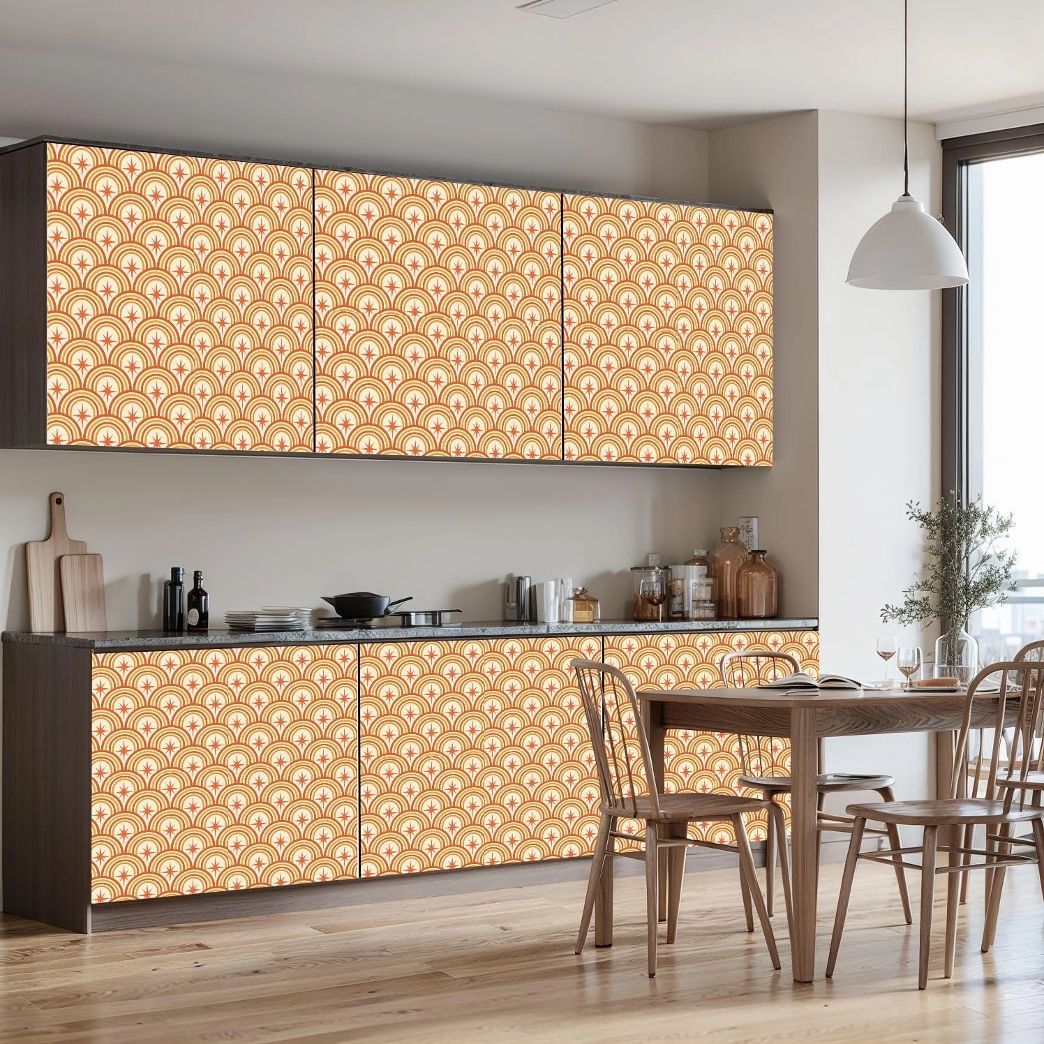 Peel and Stick Wallpaper Self Adhesive Wall Mural Mid Century Atomic Starbursts retro rainbow arches seamless pattern Contact Paper Renter Friendly Wallpaper for Kitchen Nursery Bedroom 17.7"x118"
