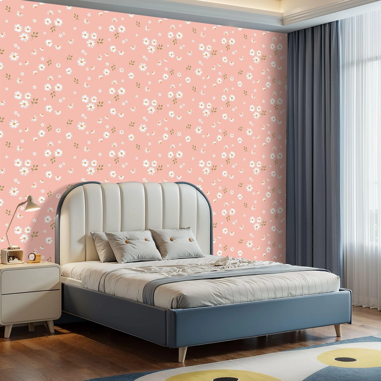 Peel and Stick Wallpaper Self Adhesive Wall Mural Seamless daisy flower small white flower green leaves pink orange Cute Contact Paper Renter Friendly Wallpaper for Kitchen Nursery Bedroom 17.7"x118"