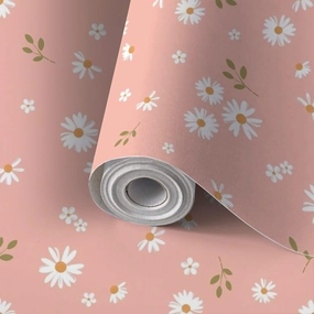 Peel and Stick Wallpaper Self Adhesive Wall Mural Seamless daisy flower small white flower green leaves pink orange Cute Contact Paper Renter Friendly Wallpaper for Kitchen Nursery Bedroom 17.7"x118"