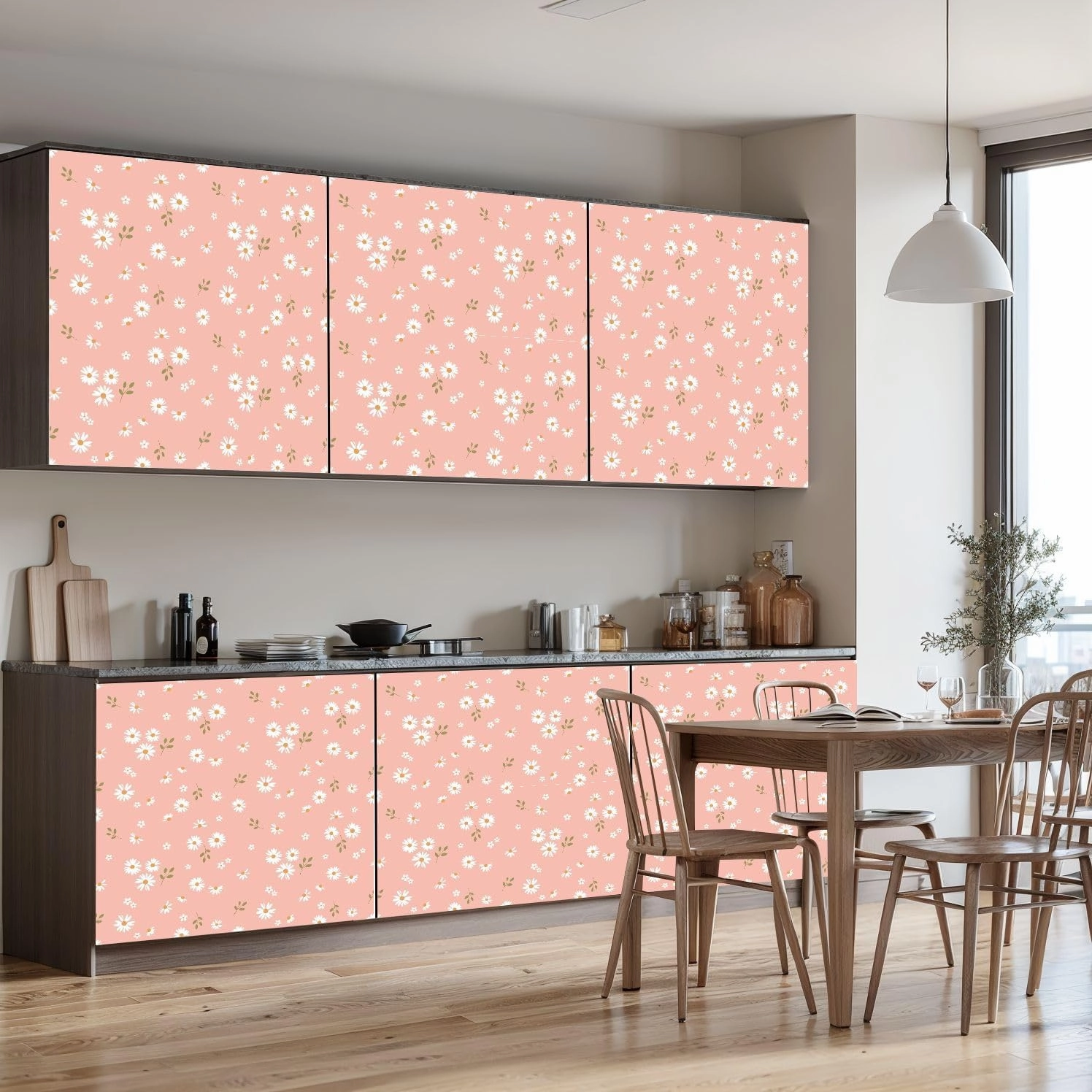 Peel and Stick Wallpaper Self Adhesive Wall Mural Seamless daisy flower small white flower green leaves pink orange Cute Contact Paper Renter Friendly Wallpaper for Kitchen Nursery Bedroom 17.7"x118"