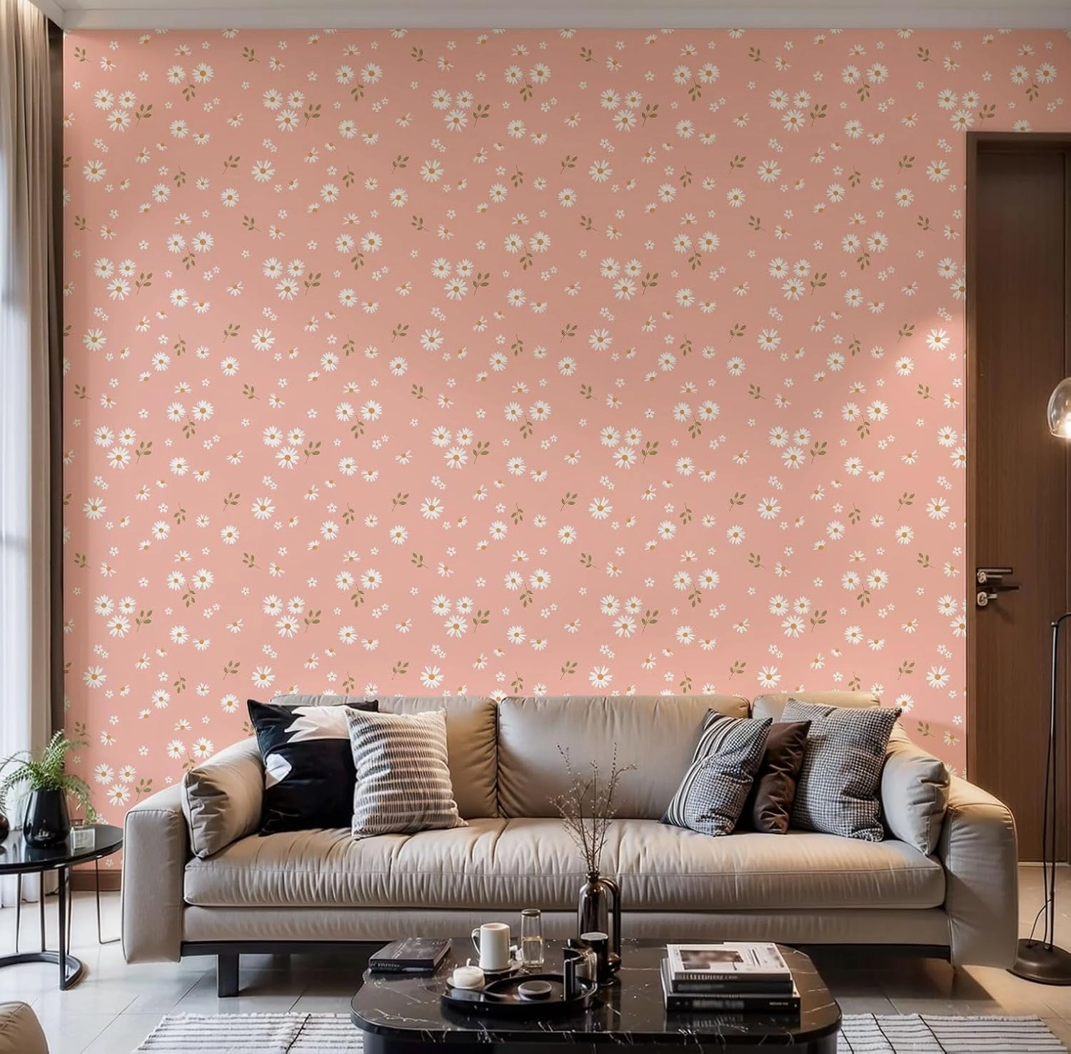 Peel and Stick Wallpaper Self Adhesive Wall Mural Seamless daisy flower small white flower green leaves pink orange Cute Contact Paper Renter Friendly Wallpaper for Kitchen Nursery Bedroom 17.7"x118"