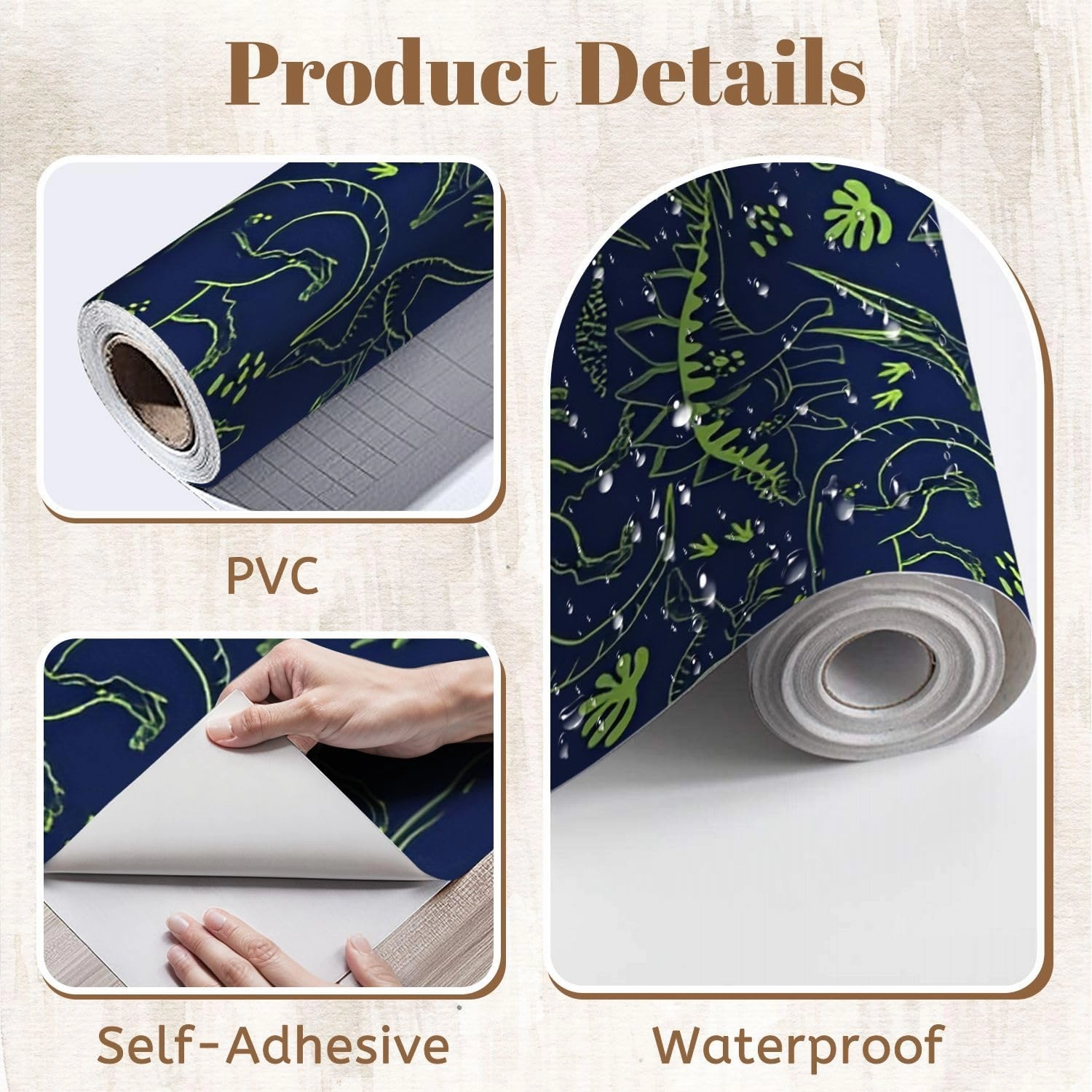 Peel and Stick Wallpaper Self Adhesive Wall Mural Seamless Dino pattern print for T shirts textiles web Original t rex Contact Paper Renter Friendly Wallpaper for Kitchen Nursery Bedroom 17.7"x118"