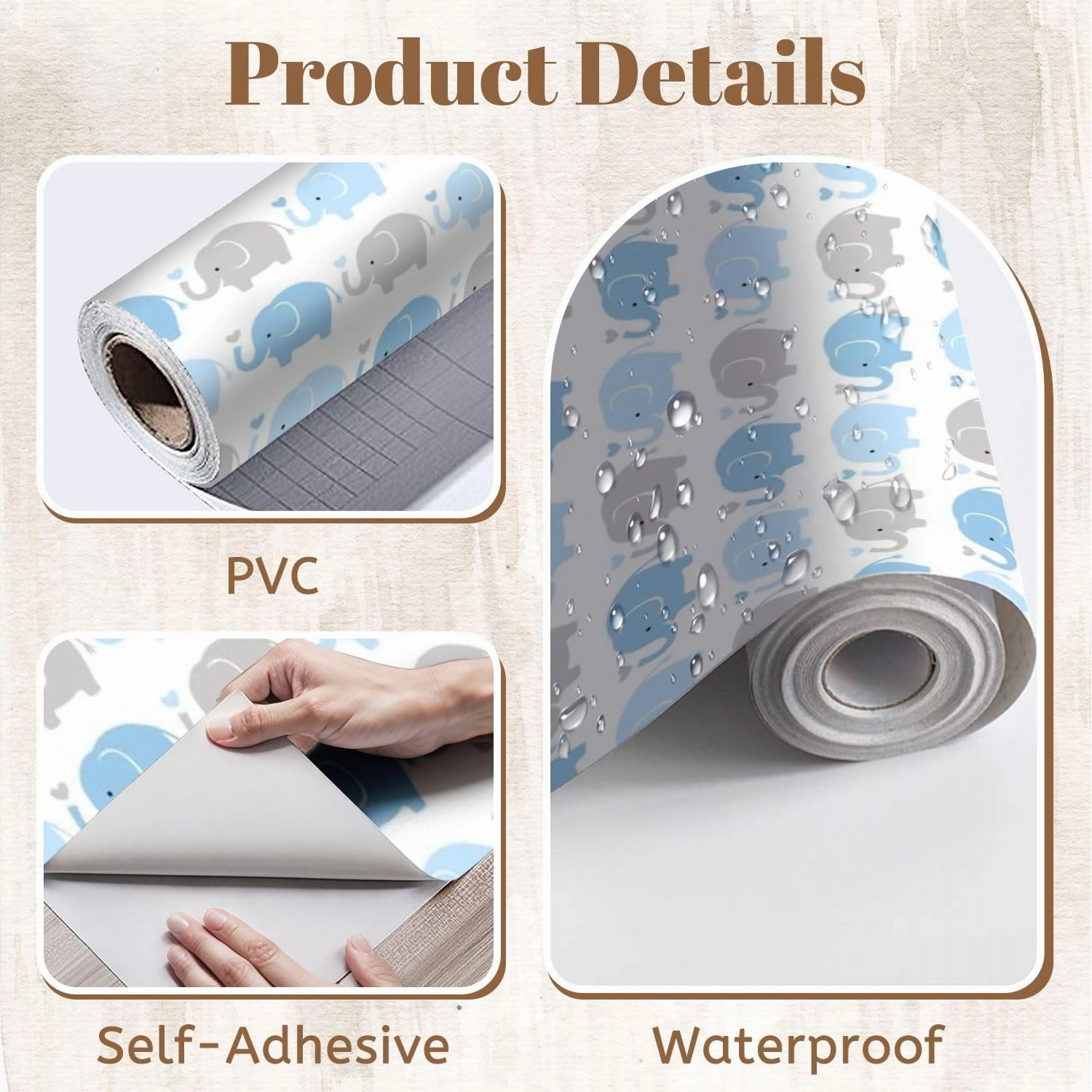 Peel and Stick Wallpaper Self Adhesive Wall Mural Seamless Elephant Animal Cartoon Contact Paper Renter Friendly Wallpaper for Kitchen Nursery Bedroom 17.7"x118"