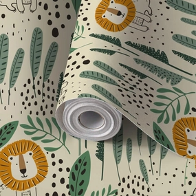 Peel and Stick Wallpaper Self Adhesive Wall Mural Seamless jungle pattern funny lions tropical elements Hand drawn Contact Paper Renter Friendly Wallpaper for Kitchen Nursery Bedroom 17.7"x118"