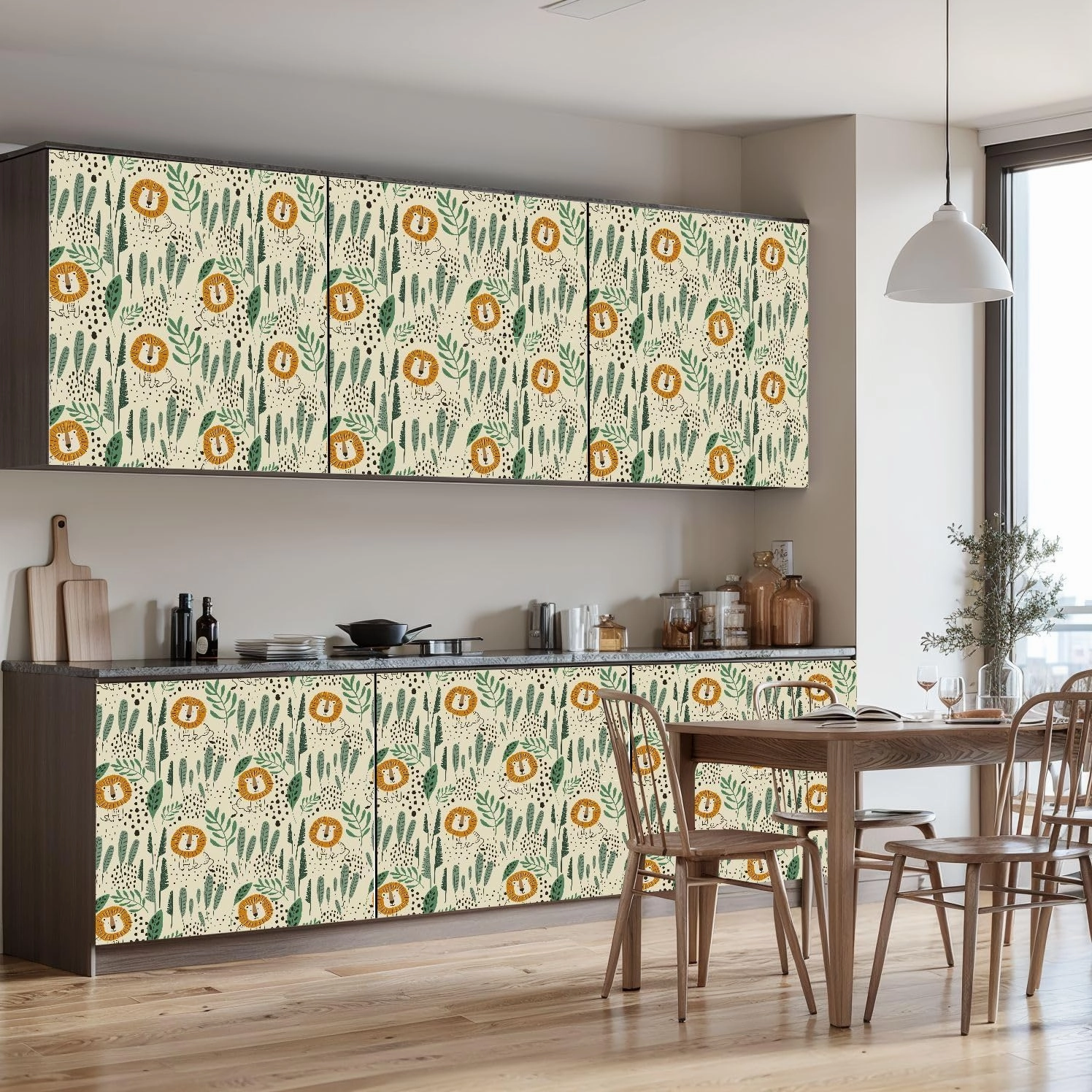 Peel and Stick Wallpaper Self Adhesive Wall Mural Seamless jungle pattern funny lions tropical elements Hand drawn Contact Paper Renter Friendly Wallpaper for Kitchen Nursery Bedroom 17.7"x118"