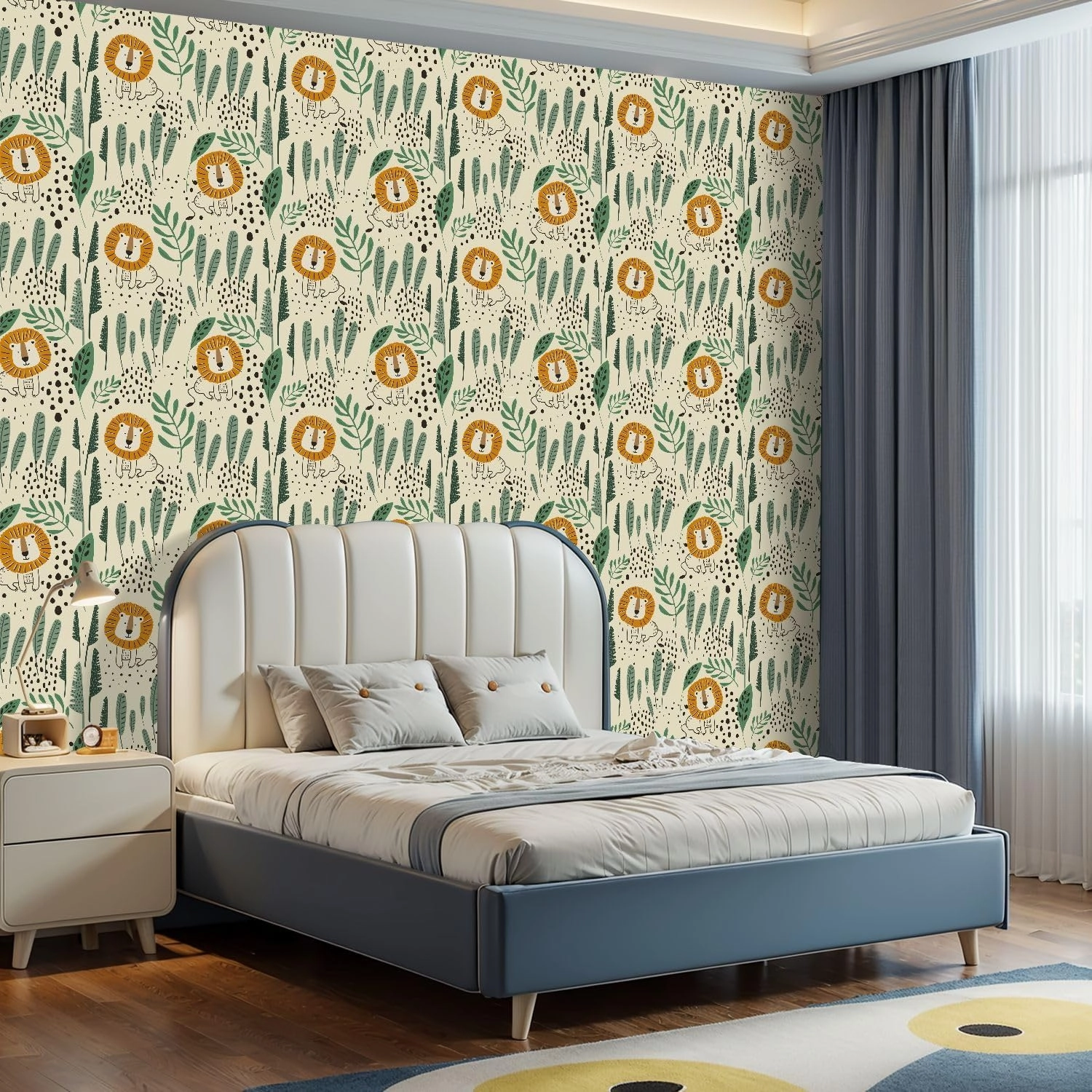 Peel and Stick Wallpaper Self Adhesive Wall Mural Seamless jungle pattern funny lions tropical elements Hand drawn Contact Paper Renter Friendly Wallpaper for Kitchen Nursery Bedroom 17.7"x118"