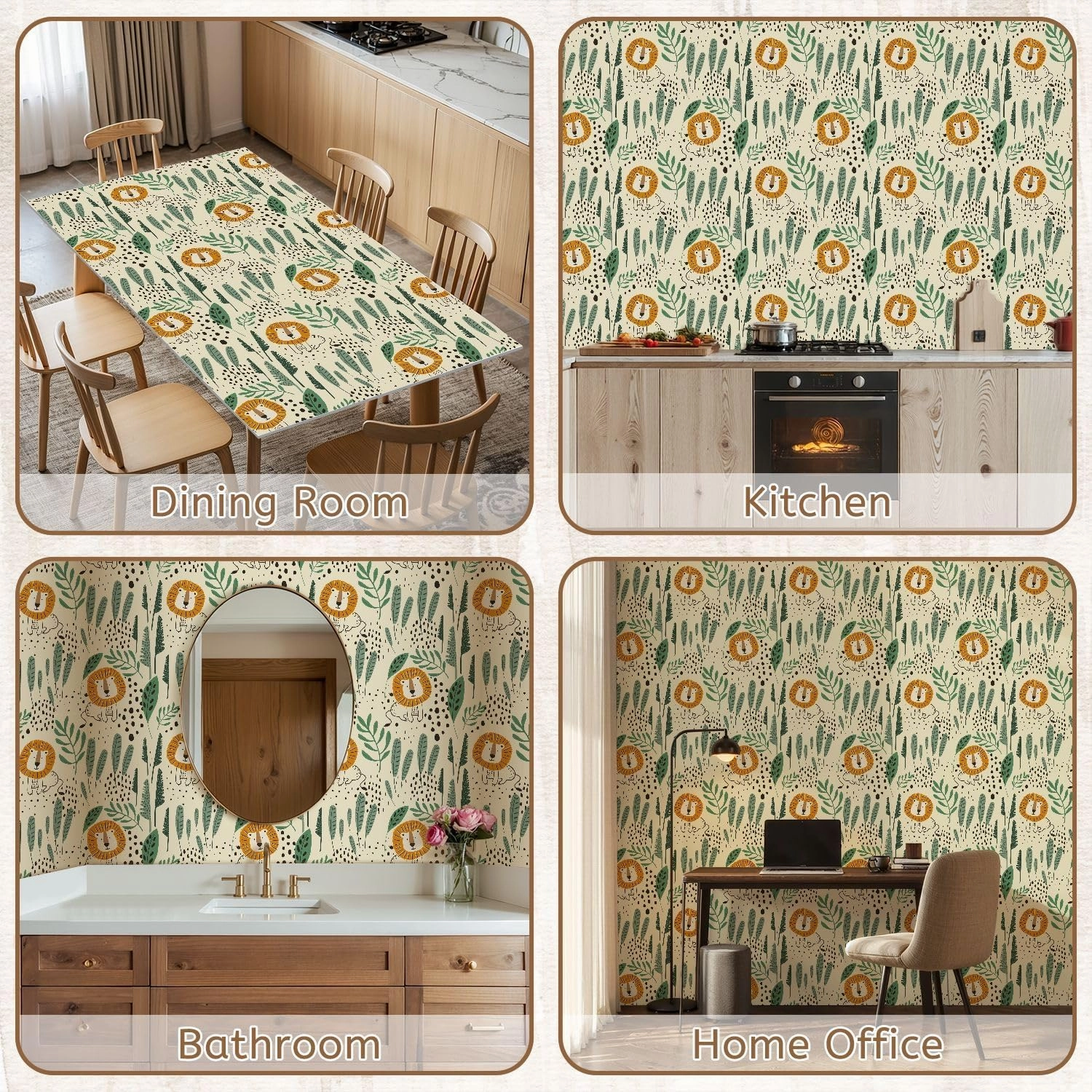 Peel and Stick Wallpaper Self Adhesive Wall Mural Seamless jungle pattern funny lions tropical elements Hand drawn Contact Paper Renter Friendly Wallpaper for Kitchen Nursery Bedroom 17.7"x118"