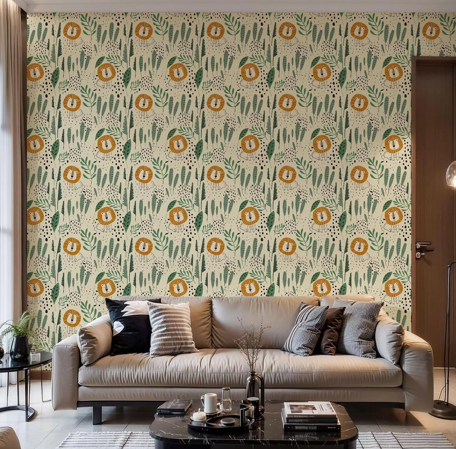 Peel and Stick Wallpaper Self Adhesive Wall Mural Seamless jungle pattern funny lions tropical elements Hand drawn Contact Paper Renter Friendly Wallpaper for Kitchen Nursery Bedroom 17.7"x118"