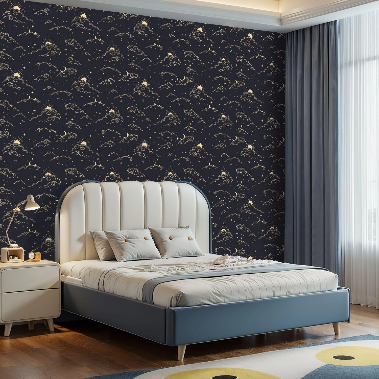 Peel and Stick Wallpaper Self Adhesive Wall Mural Seamless magic pattern sun moon clouds stars elements dark Cosmos Contact Paper Renter Friendly Wallpaper for Kitchen Nursery Bedroom 17.7"x118"