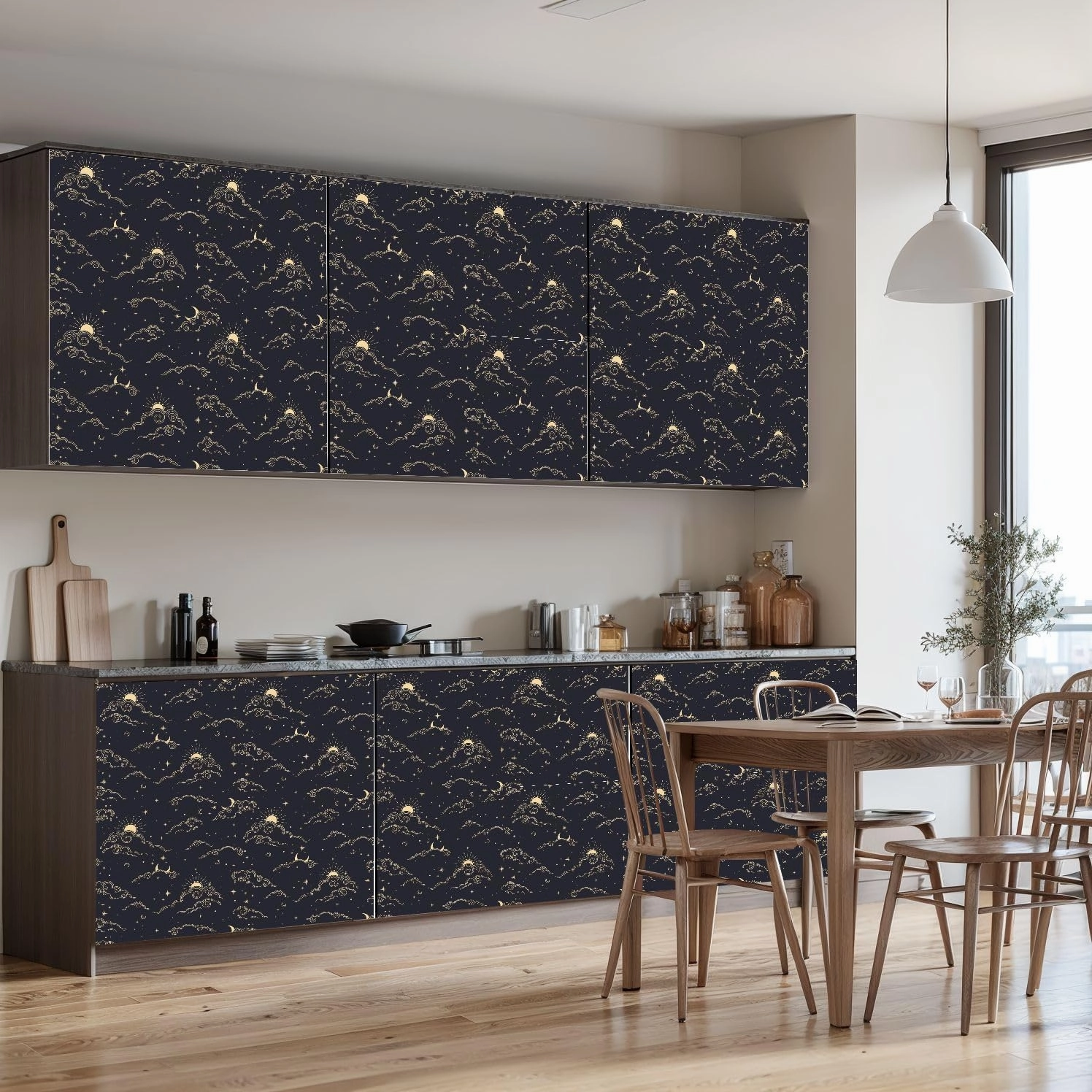 Peel and Stick Wallpaper Self Adhesive Wall Mural Seamless magic pattern sun moon clouds stars elements dark Cosmos Contact Paper Renter Friendly Wallpaper for Kitchen Nursery Bedroom 17.7"x118"