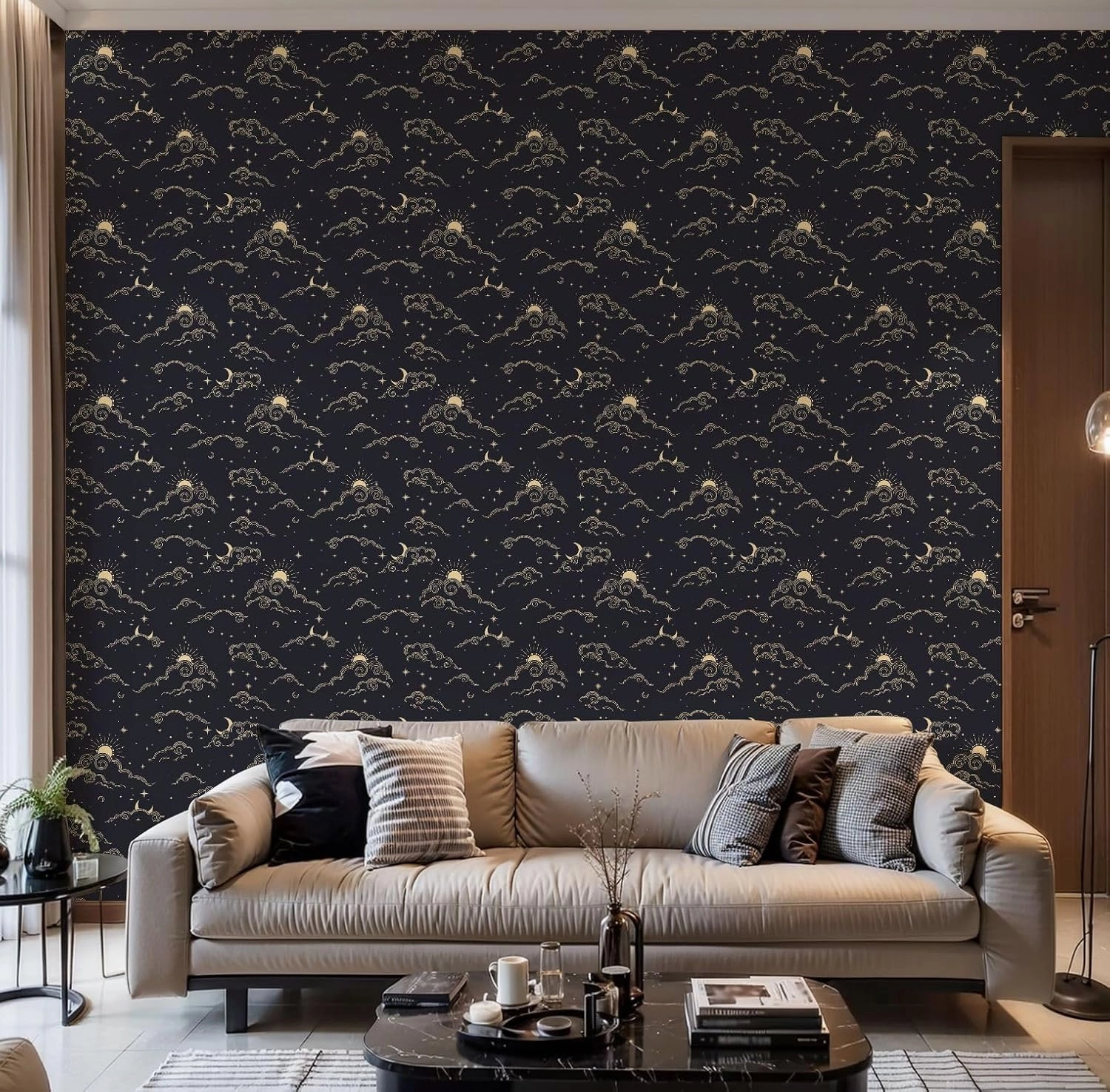 Peel and Stick Wallpaper Self Adhesive Wall Mural Seamless magic pattern sun moon clouds stars elements dark Cosmos Contact Paper Renter Friendly Wallpaper for Kitchen Nursery Bedroom 17.7"x118"